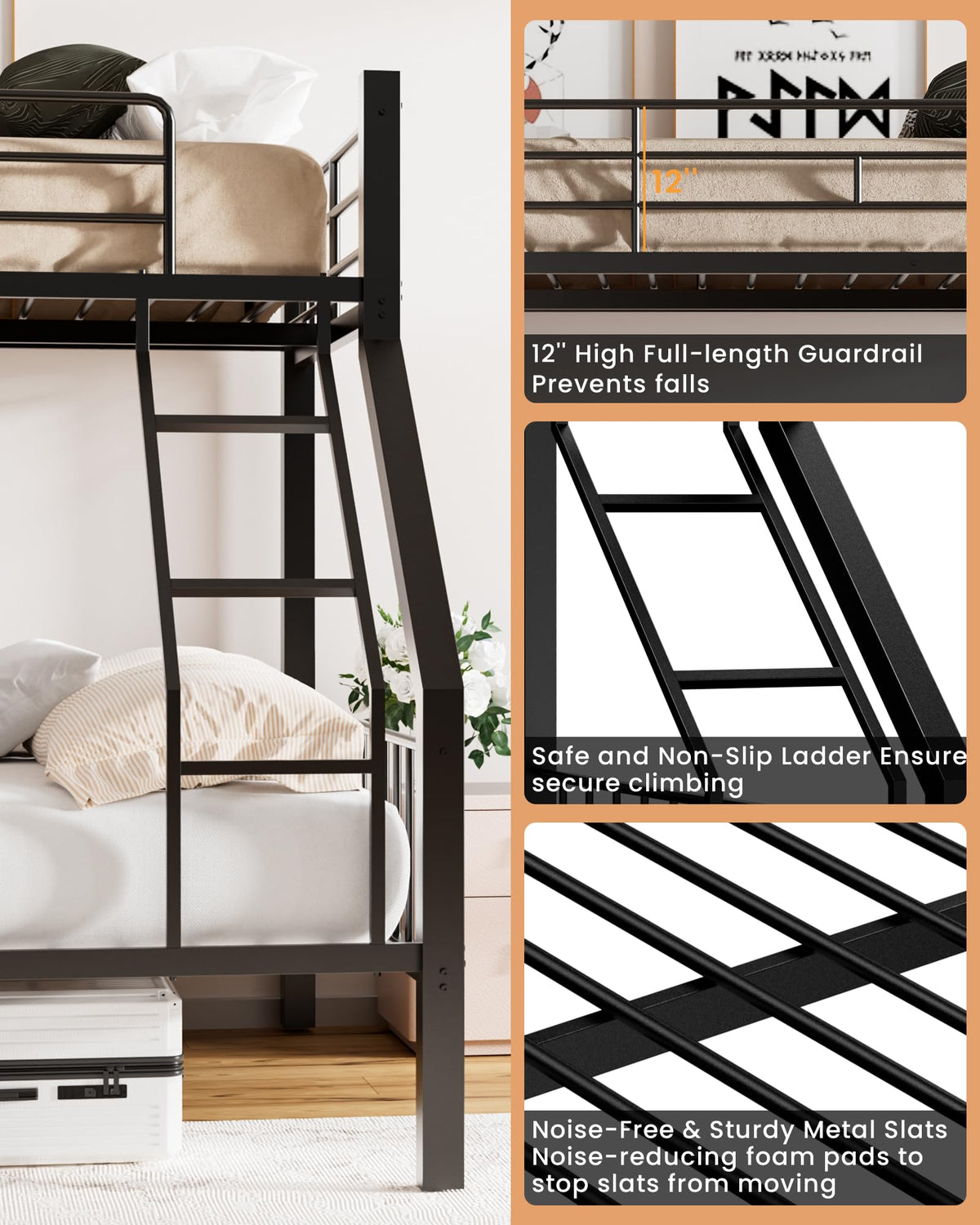 Twin XL Over Queen Bunk Bed with Ladder and Guardrails G46839