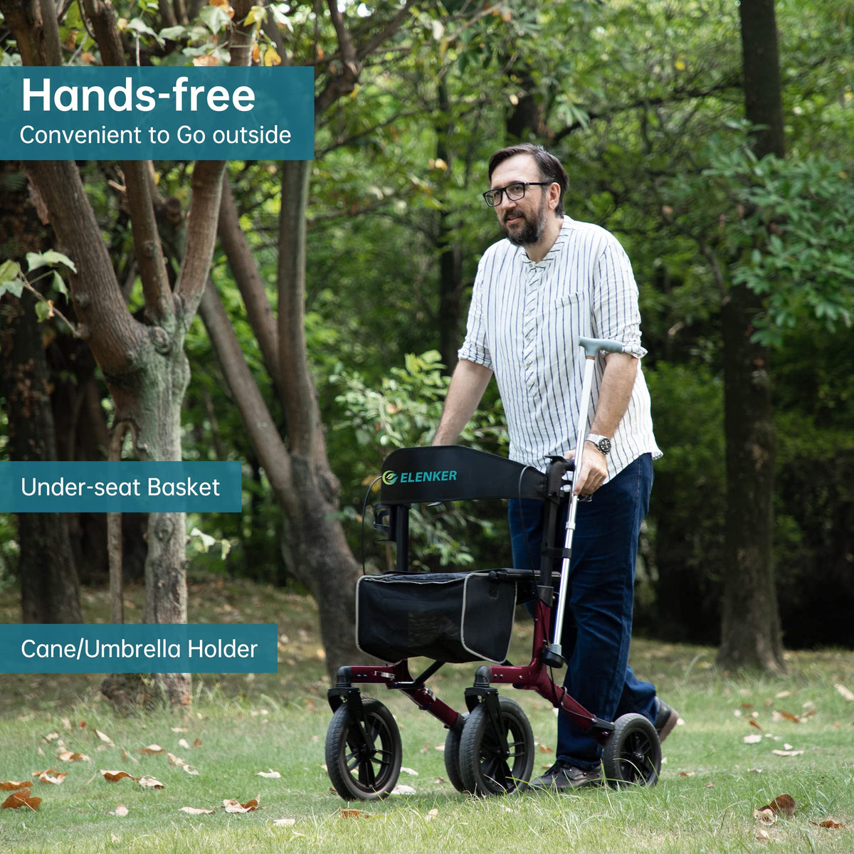 All-Terrain Rollator Walker with 12” Front Wheels, Compact Folding, Red T649