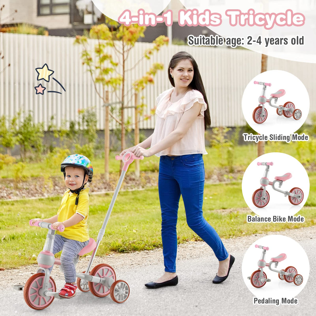 4 in 1 Tricycle with Adjustable Seat & Push Handle, Removable Pedals & Training Wheels, Pink B618