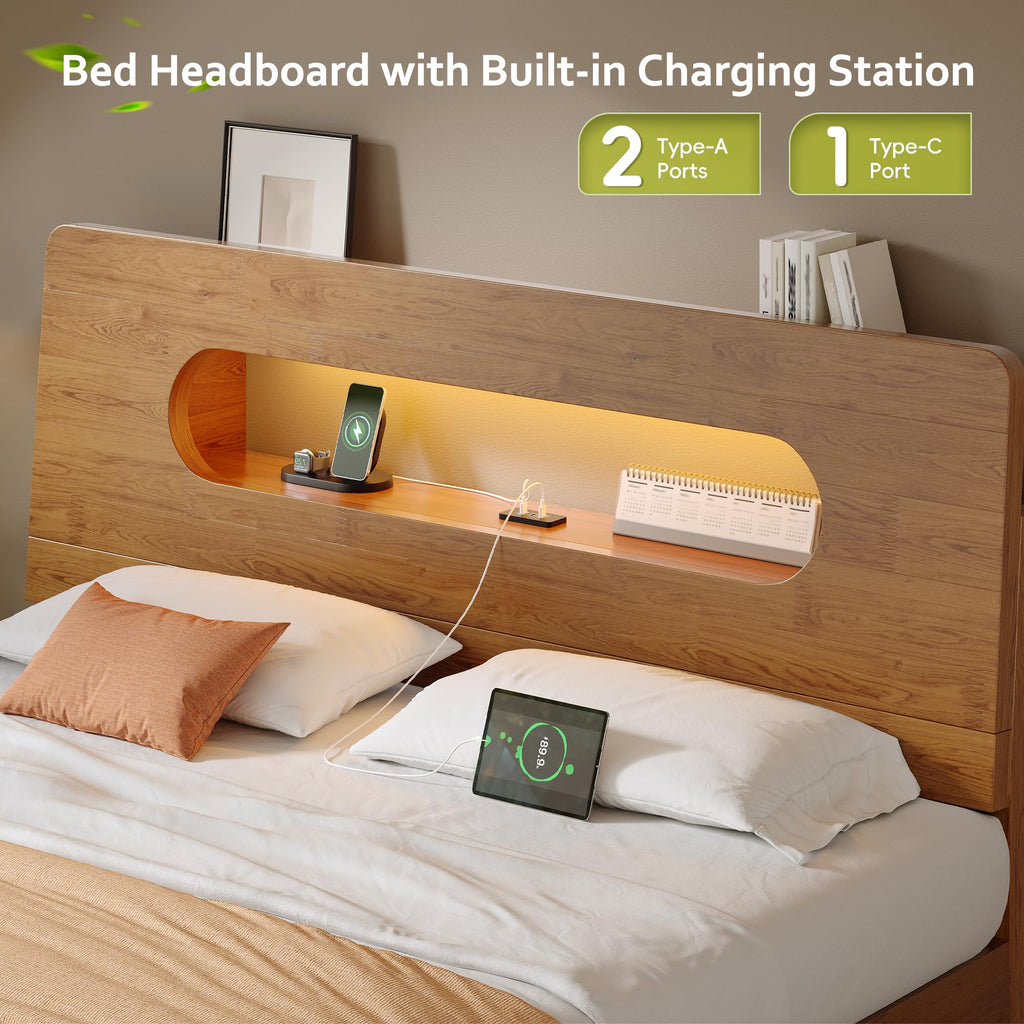 Queen Size Solid Wood Bed Frame with Storage Headboard, Brown H478