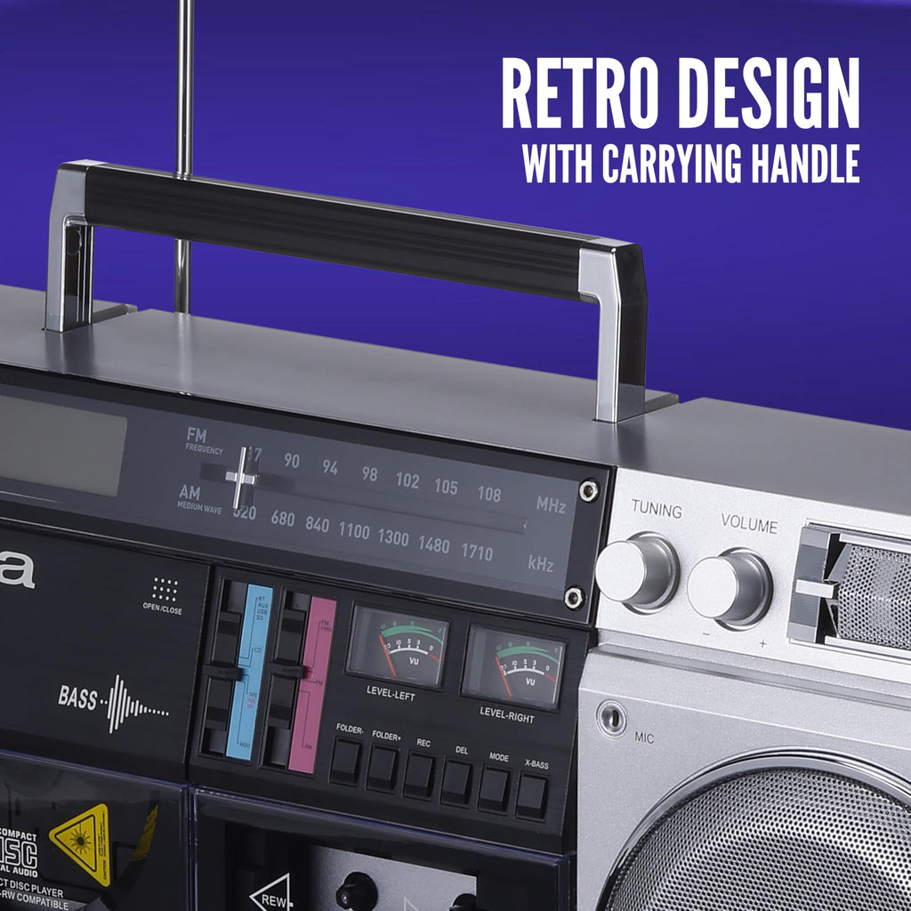 Retro Boombox CD Player with Cassette Recording, Bluetooth, FM/AM Radio, USB/SD/AUX Inputs, Dual 40W Speakers A5756