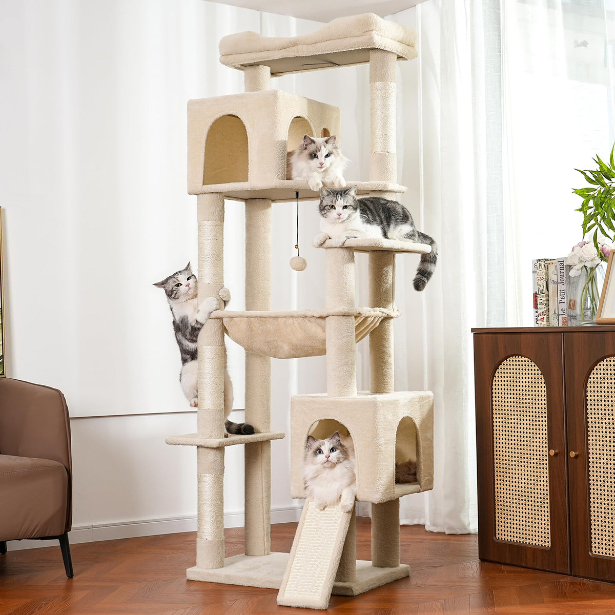 Beige Cat Tree with Hammock and Bed F45506