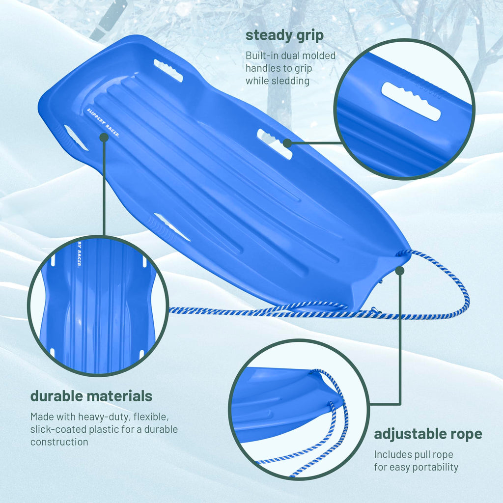Kids Plastic Snow Sled with Pull Rope and Handles, Blue U726