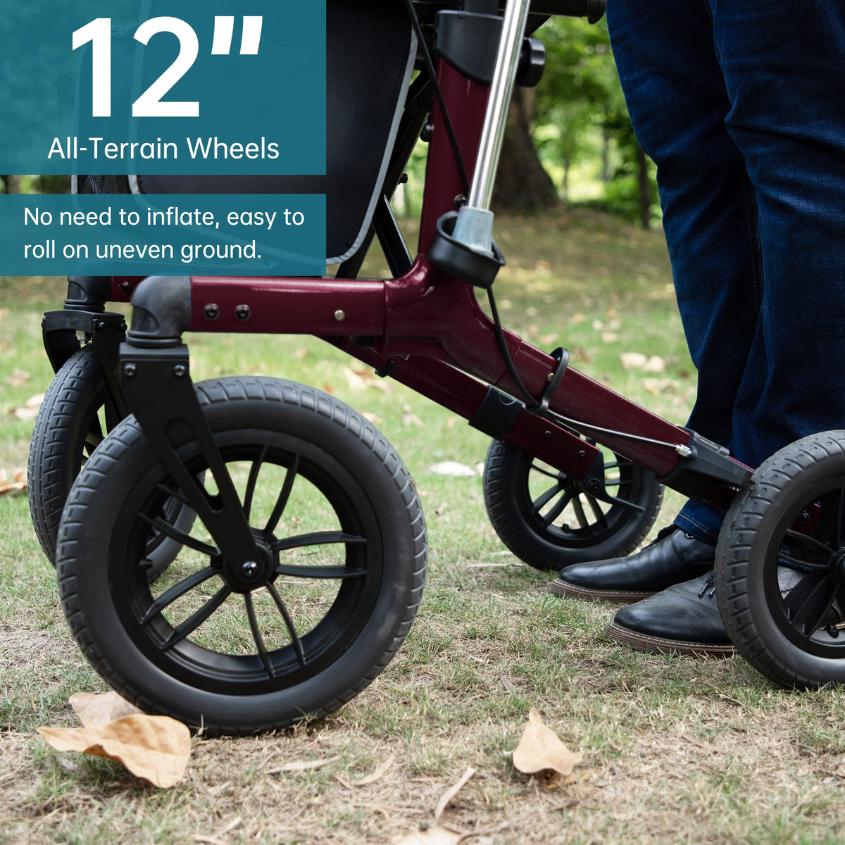 All-Terrain Rollator Walker with 12” Front Wheels, Compact Folding, Red T649