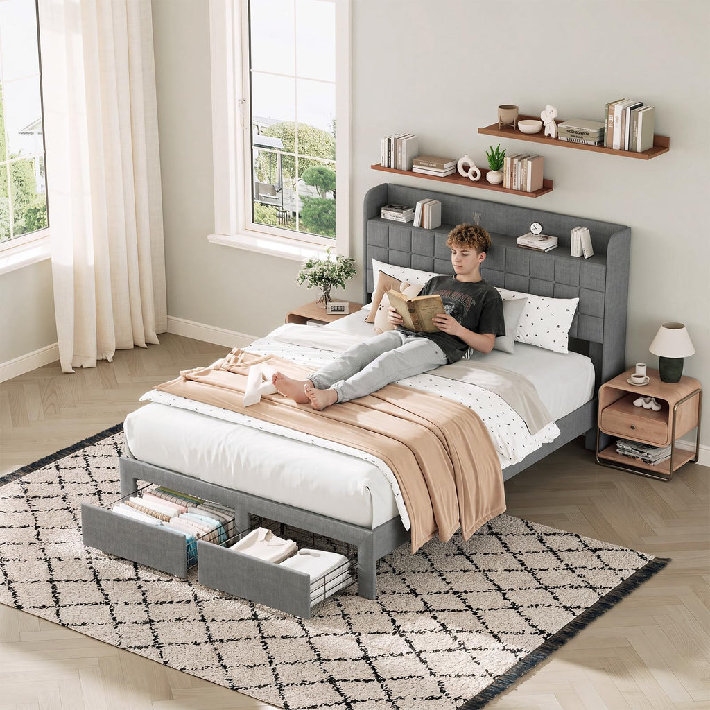 Full Upholstered Platform Bed Frame with Storage Drawers Y247700