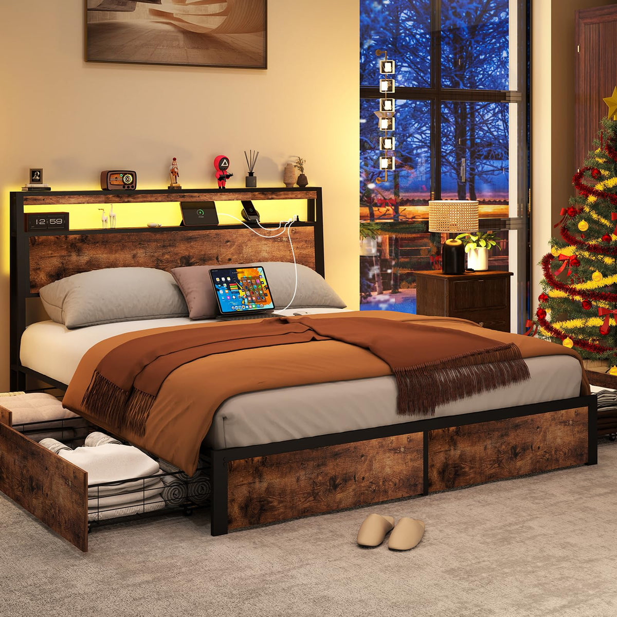 Queen Size Bed Frame with 4 Storage Drawers I92818