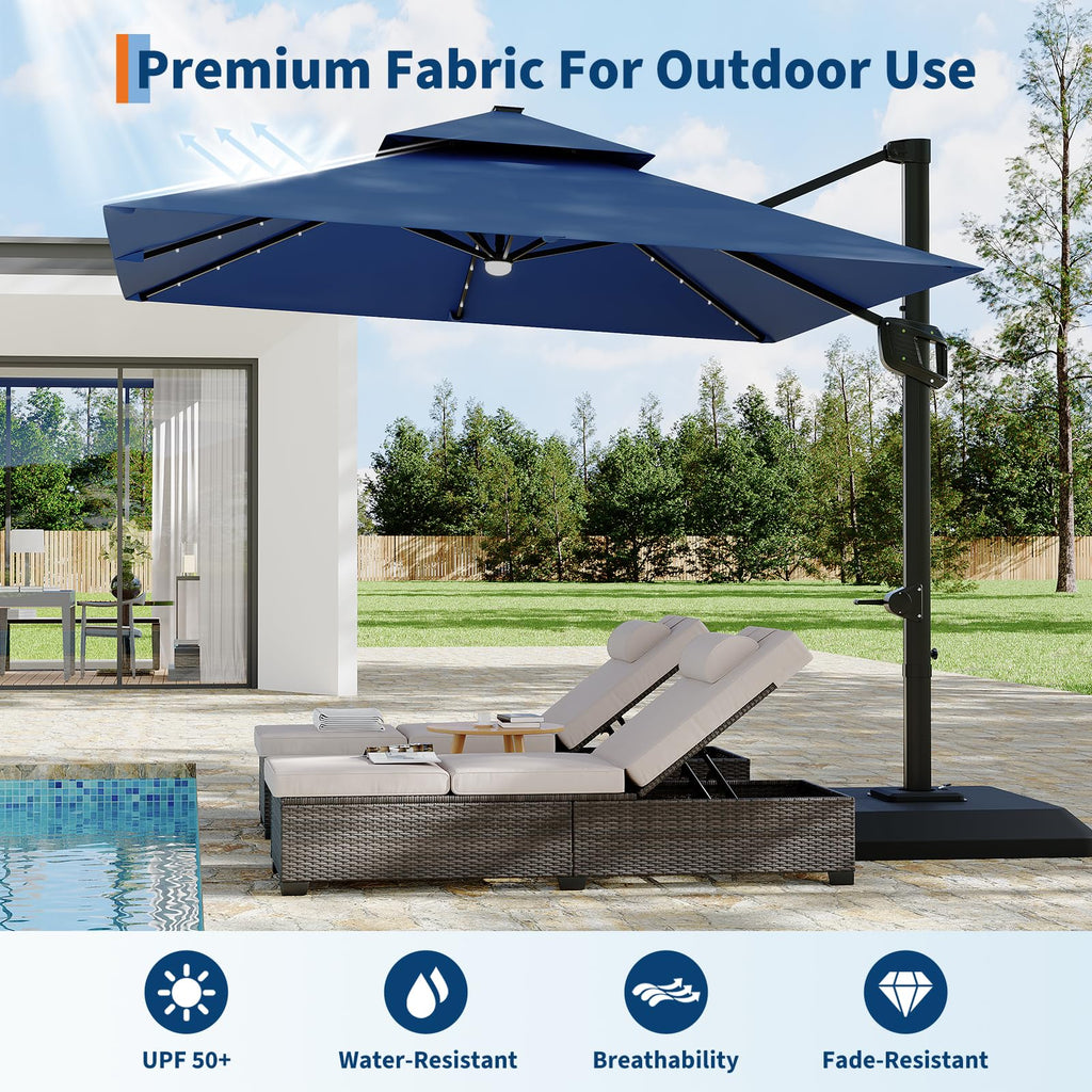 10 ft Navy Blue Solar Cantilever Patio Umbrella with Base C6350