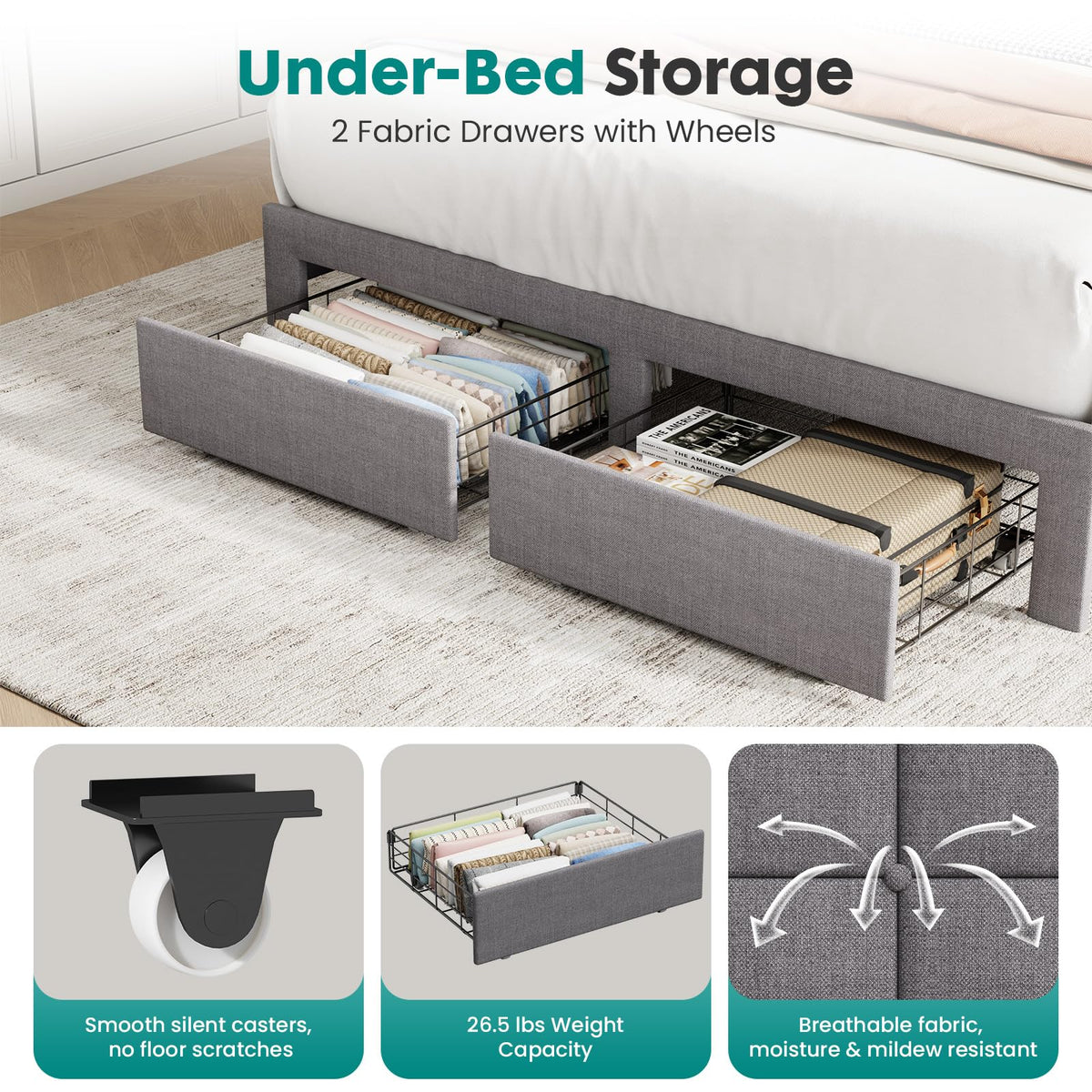 Full Upholstered Platform Bed Frame with Storage Drawers Y247700