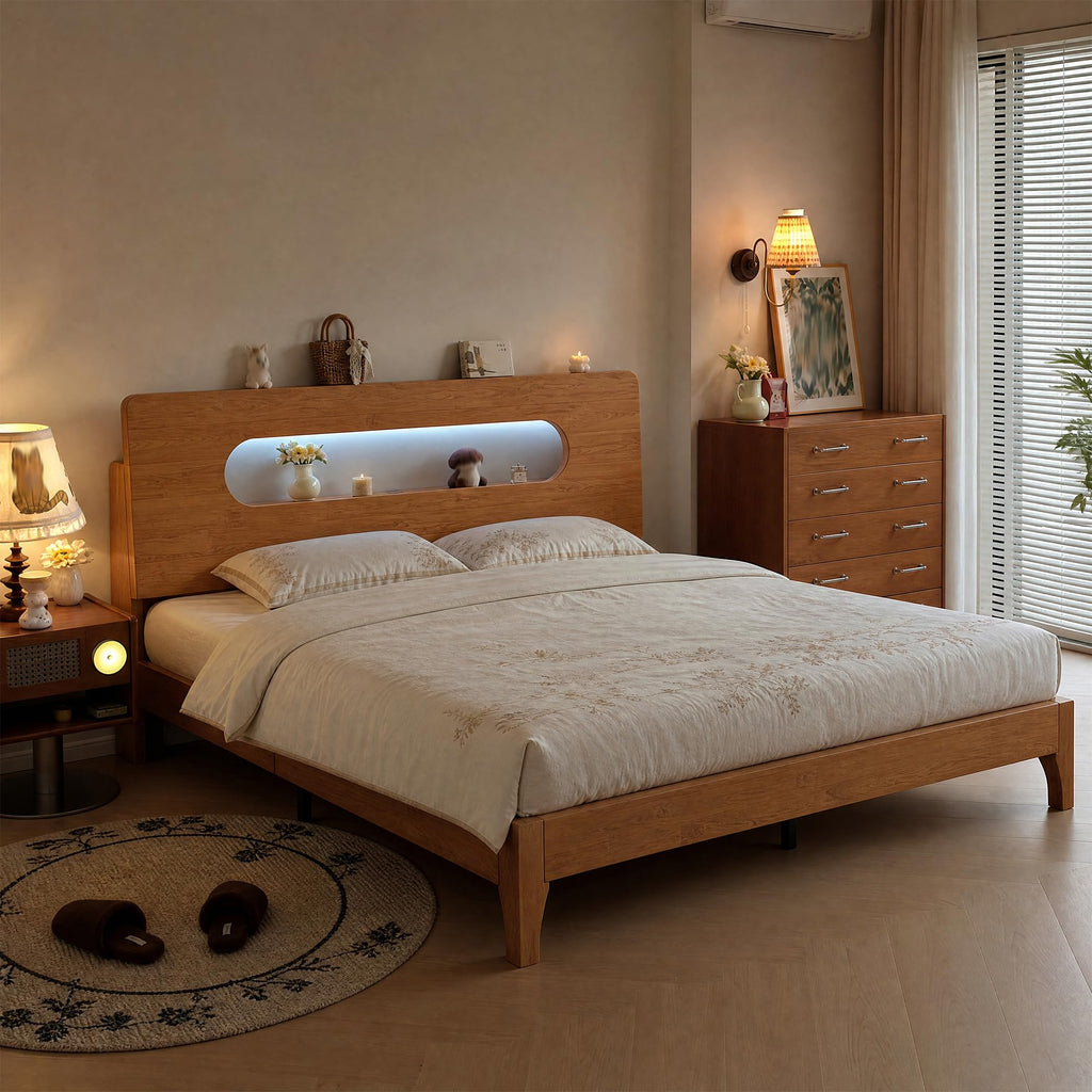 Queen Size Solid Wood Bed Frame with Storage Headboard, Brown H478