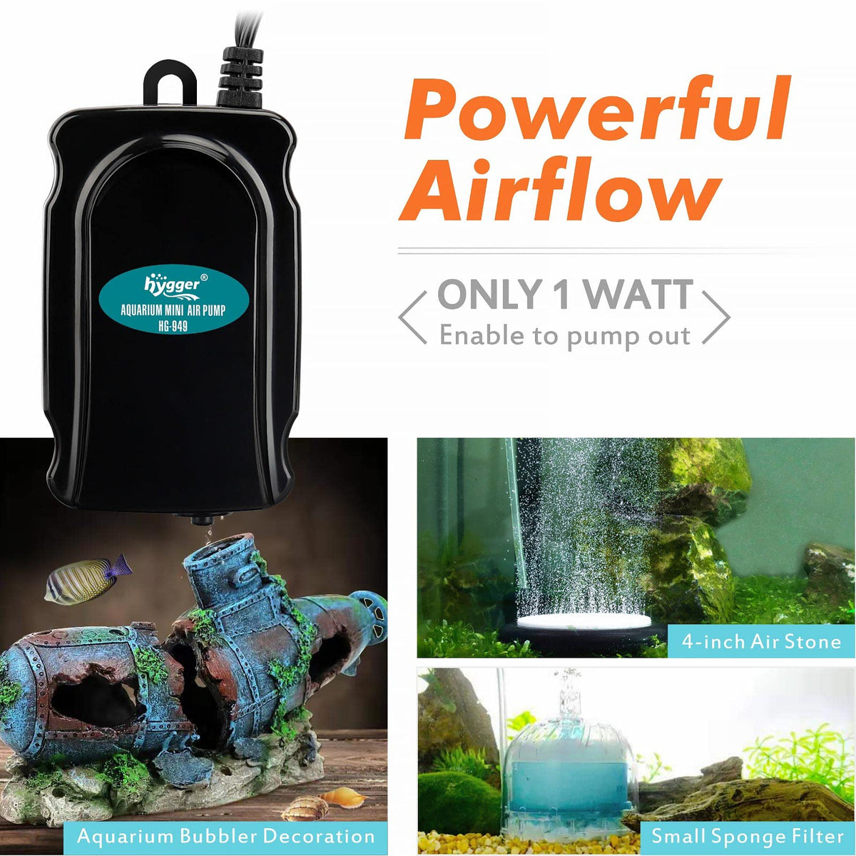 Mini Aquarium Air Pump Kit 1W for 2-20 Gallon Fish Tank with Air Tube Q717443