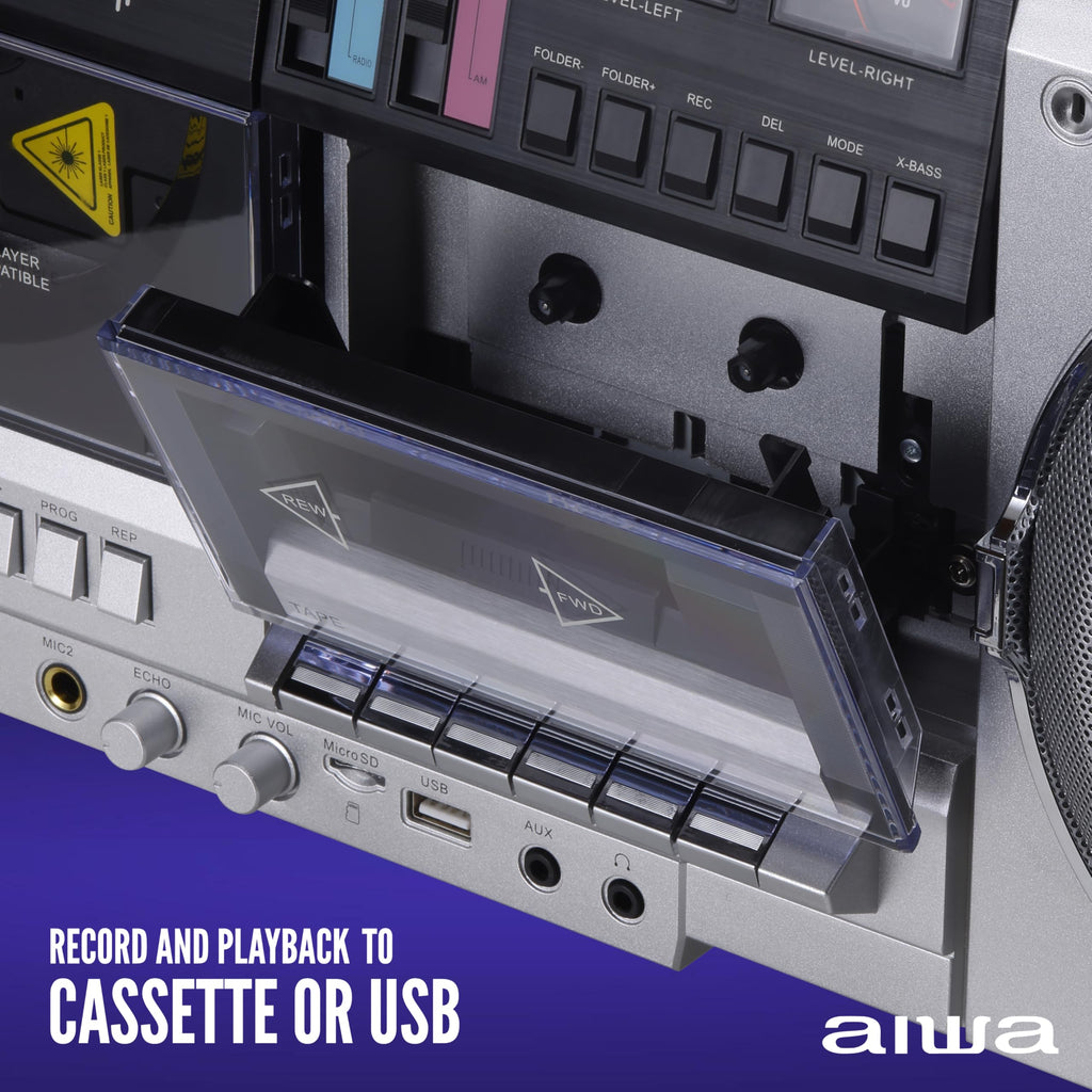 Retro Boombox CD Player with Cassette Recording, Bluetooth, FM/AM Radio, USB/SD/AUX Inputs, Dual 40W Speakers A5756