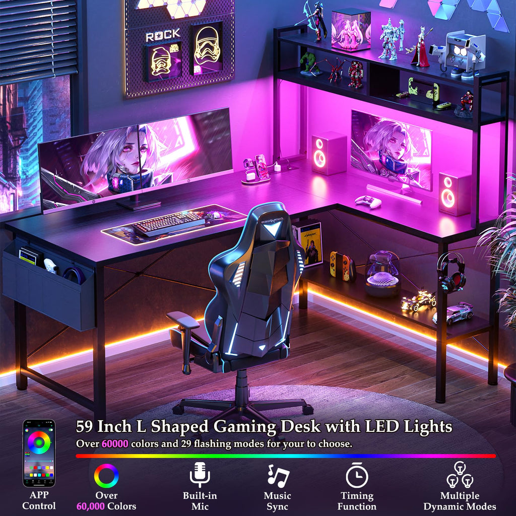59" L Shaped Desk with LED Light & Power Outlet L493785