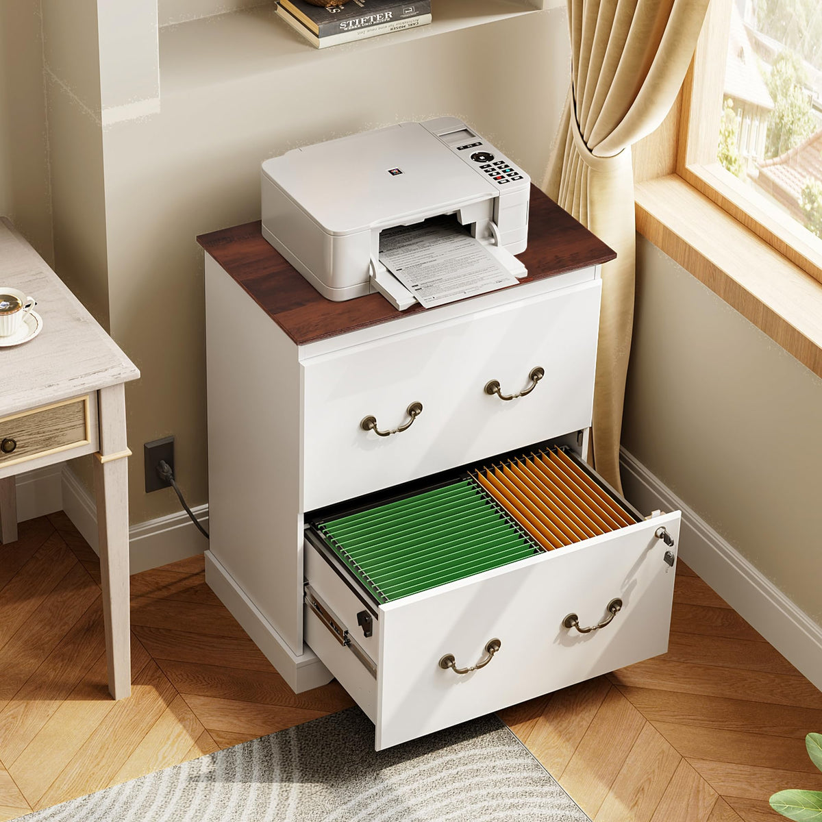 White 2 Drawer Wood File Cabinet with Charging Station and Lock B2463