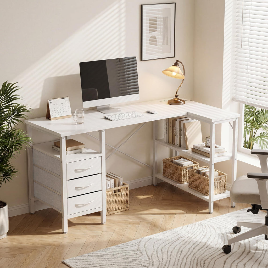 White 47 Inch L Shaped Gaming Desk with 3 Drawers and Shelves K634044