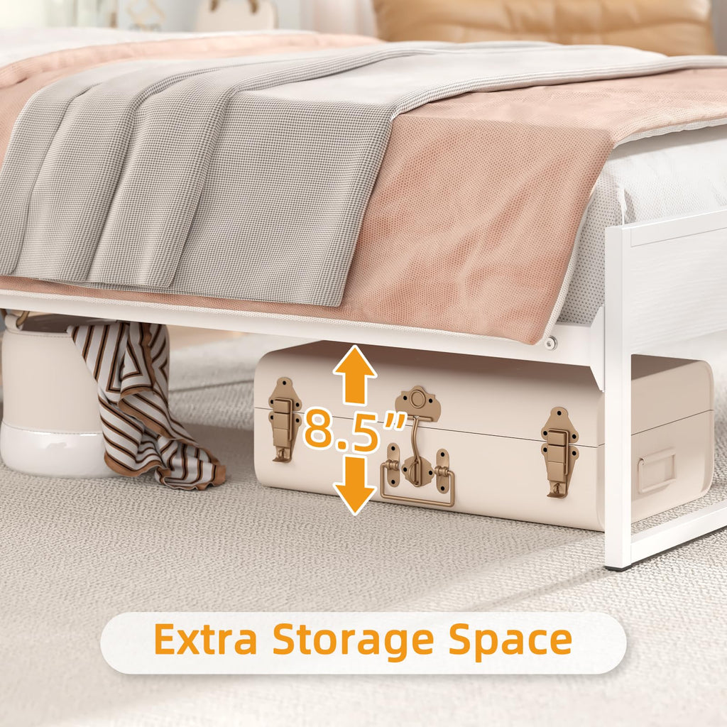 White Metal Twin Bed Frame with 2-Tier Storage Headboard H45689