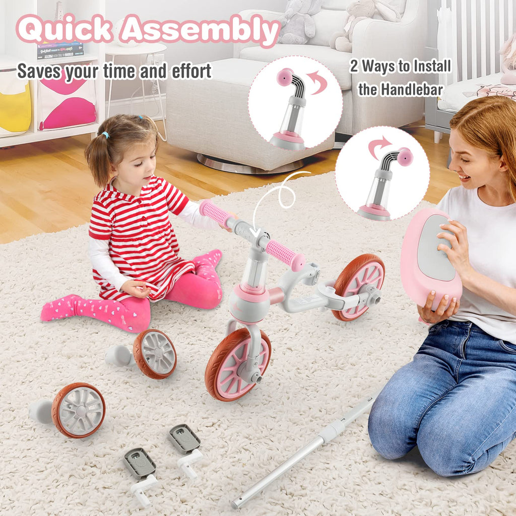 4 in 1 Tricycle with Adjustable Seat & Push Handle, Removable Pedals & Training Wheels, Pink B618