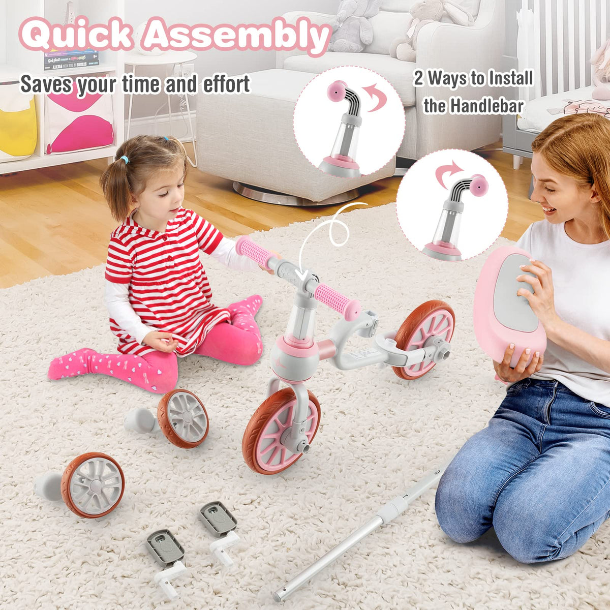 4 in 1 Tricycle with Adjustable Seat & Push Handle, Removable Pedals & Training Wheels, Pink B618