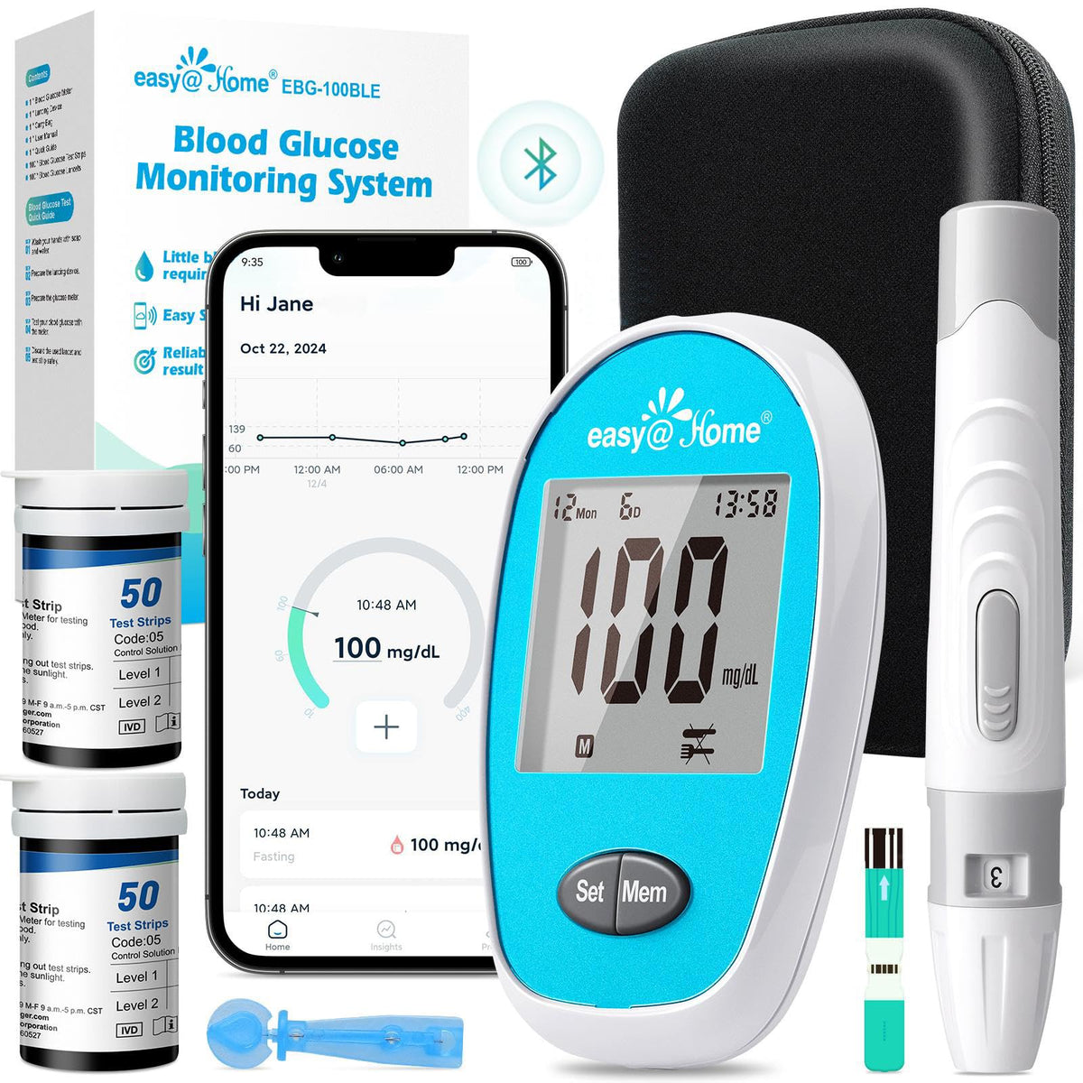 Wireless Glucose Monitor Kit, 100-Strip Blood Sugar Testing Kit O859