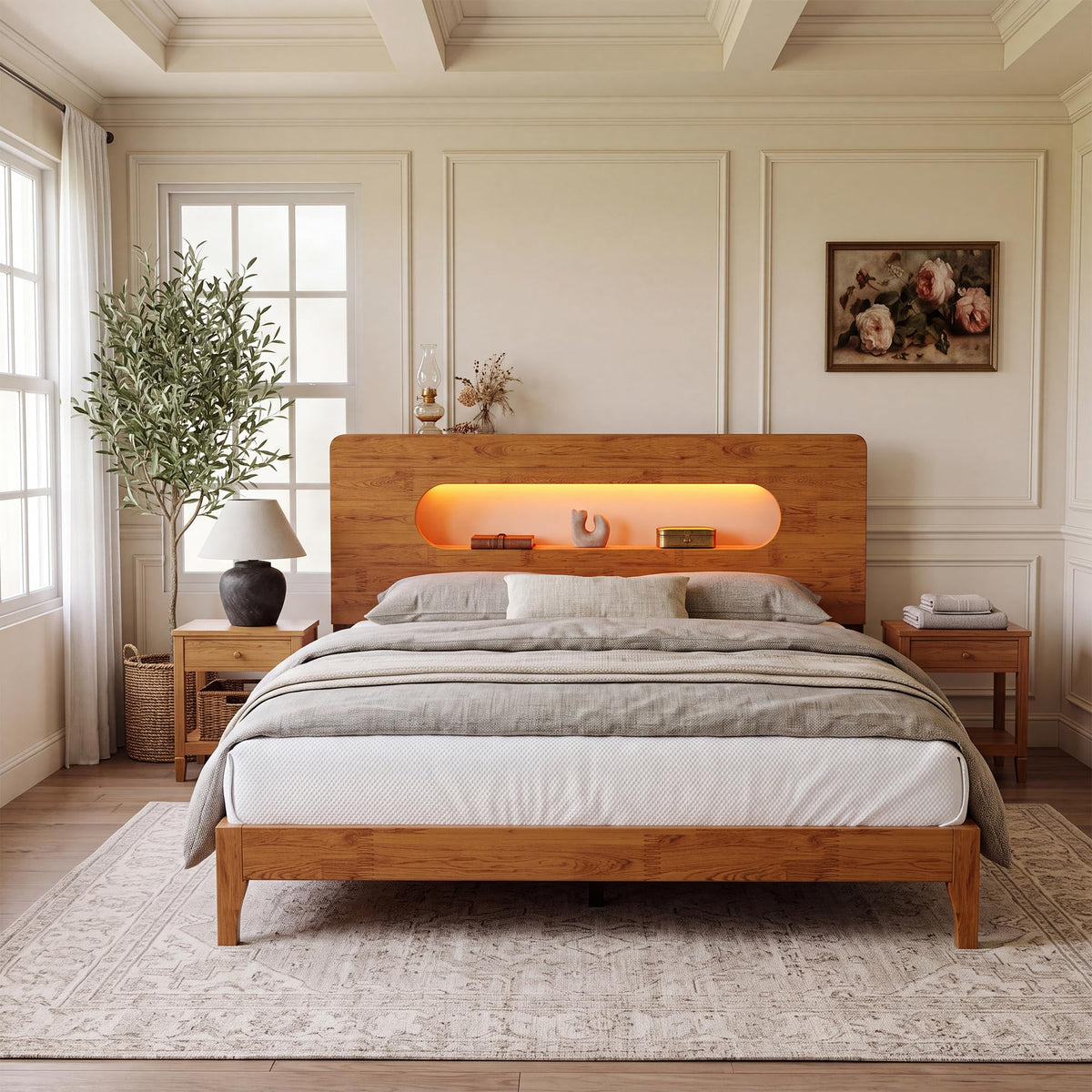 Queen Size Solid Wood Bed Frame with Storage Headboard, Brown H478