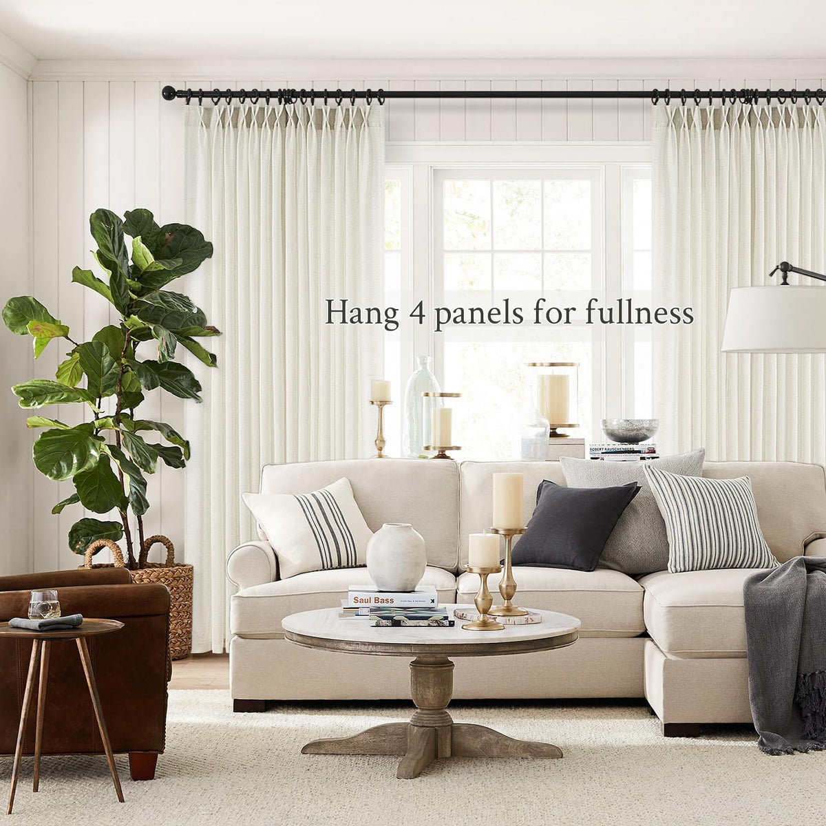 132 Inch Pinch Pleated Linen Curtains 2 Panels Natural Semi Sheer K5303