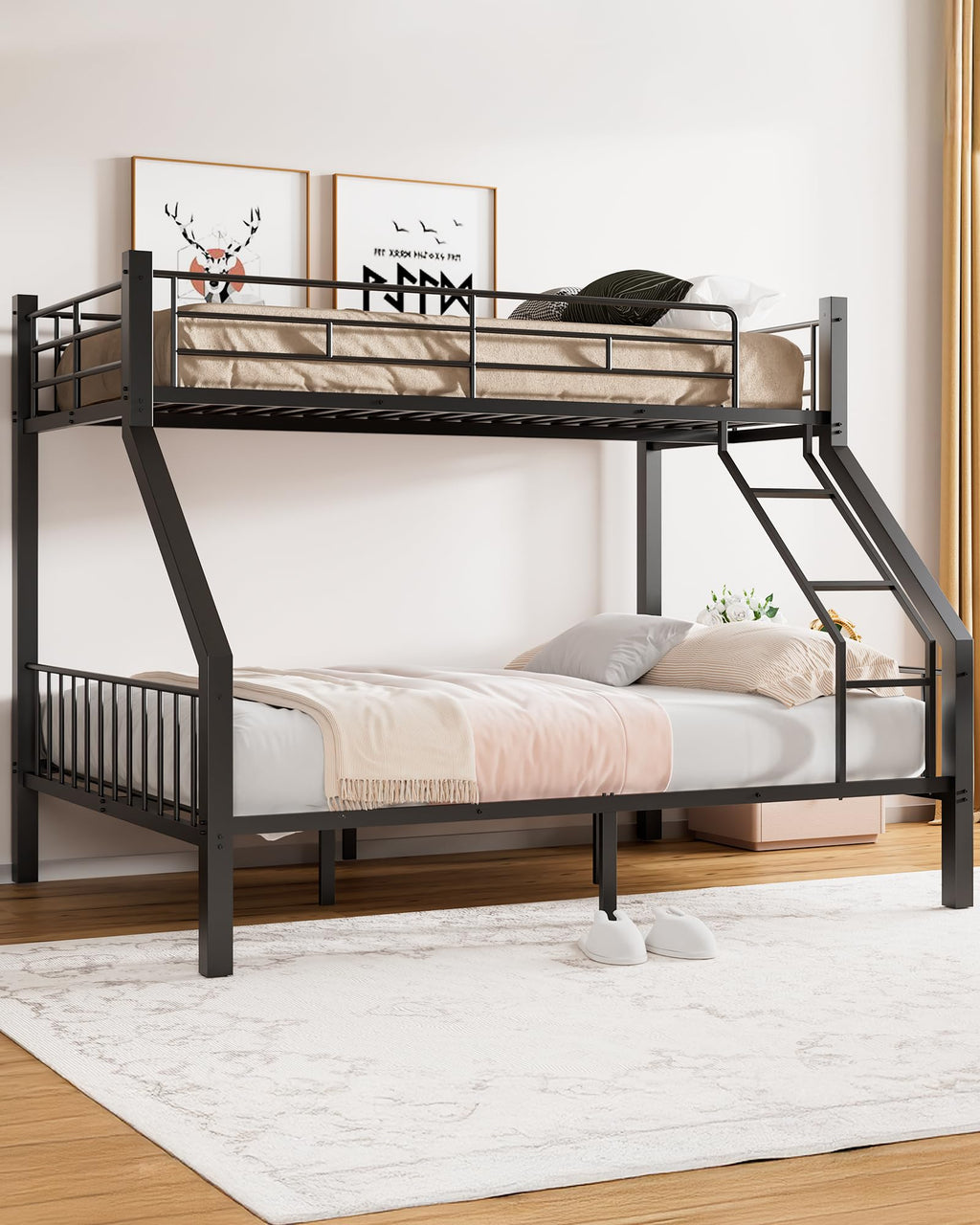 Twin XL Over Queen Bunk Bed with Ladder and Guardrails G46839