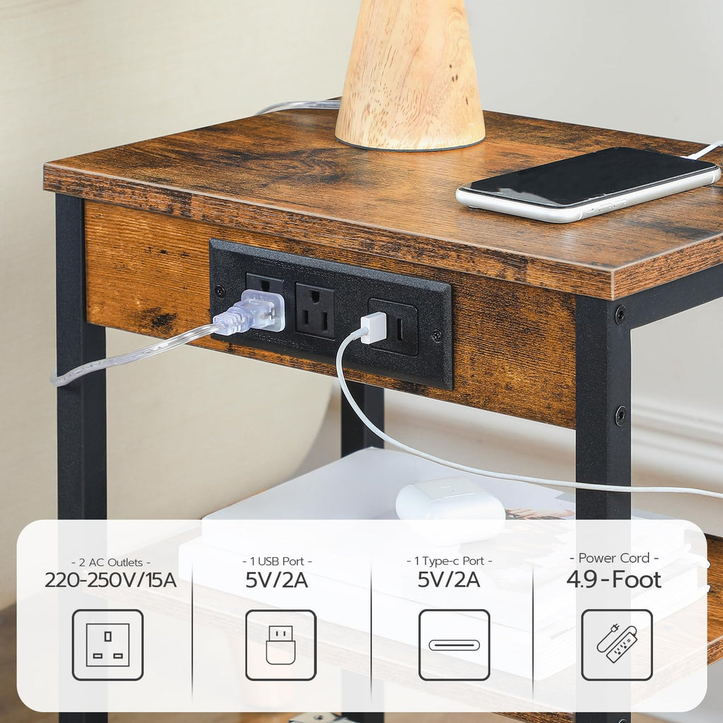 Side Table with Charging Station and USB Port, 3-Tier Nightstand with Adjustable Shelf, Rustic Brown V79002