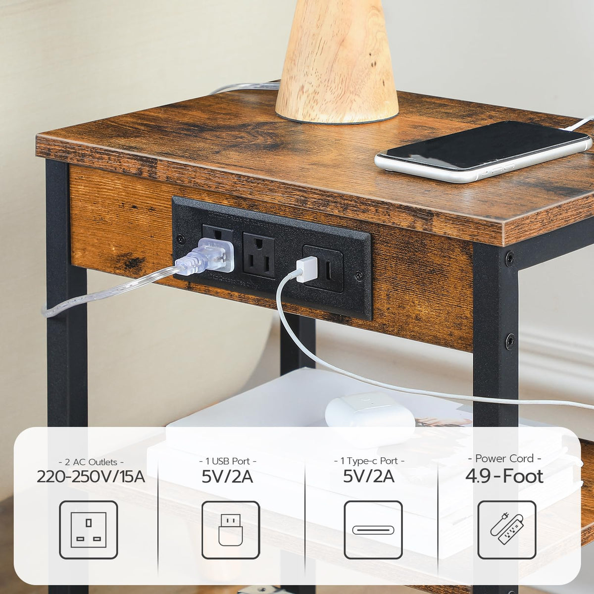 Side Table with Charging Station and USB Port, 3-Tier Nightstand with Adjustable Shelf, Rustic Brown V79002