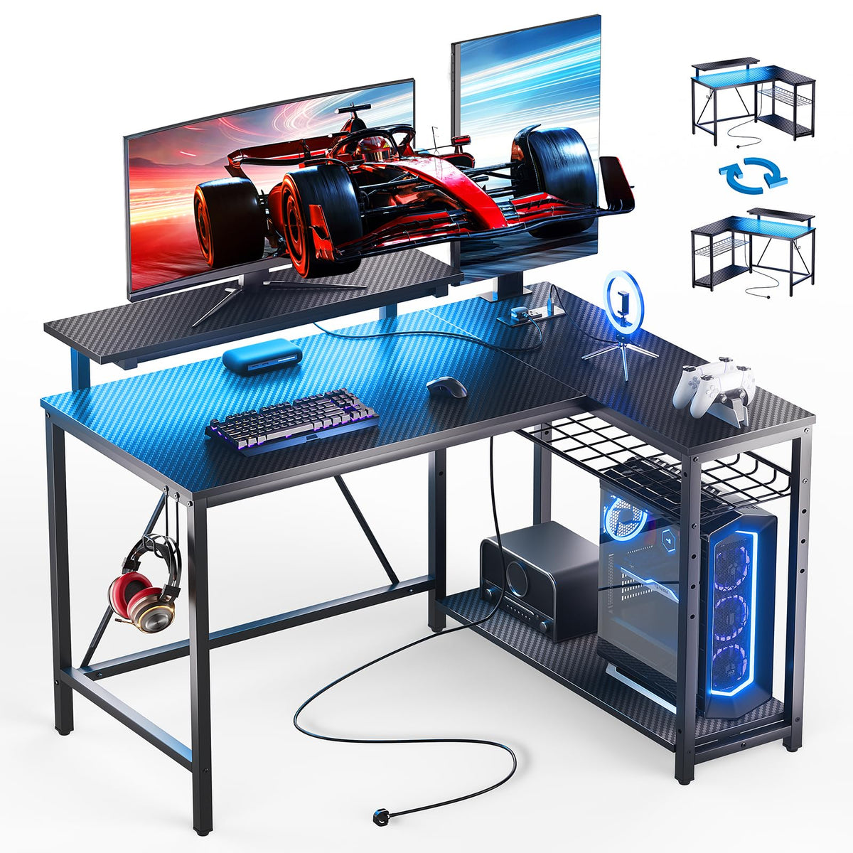 42-Inch L-Shaped Computer Desk with Charging & LED, Black X7895