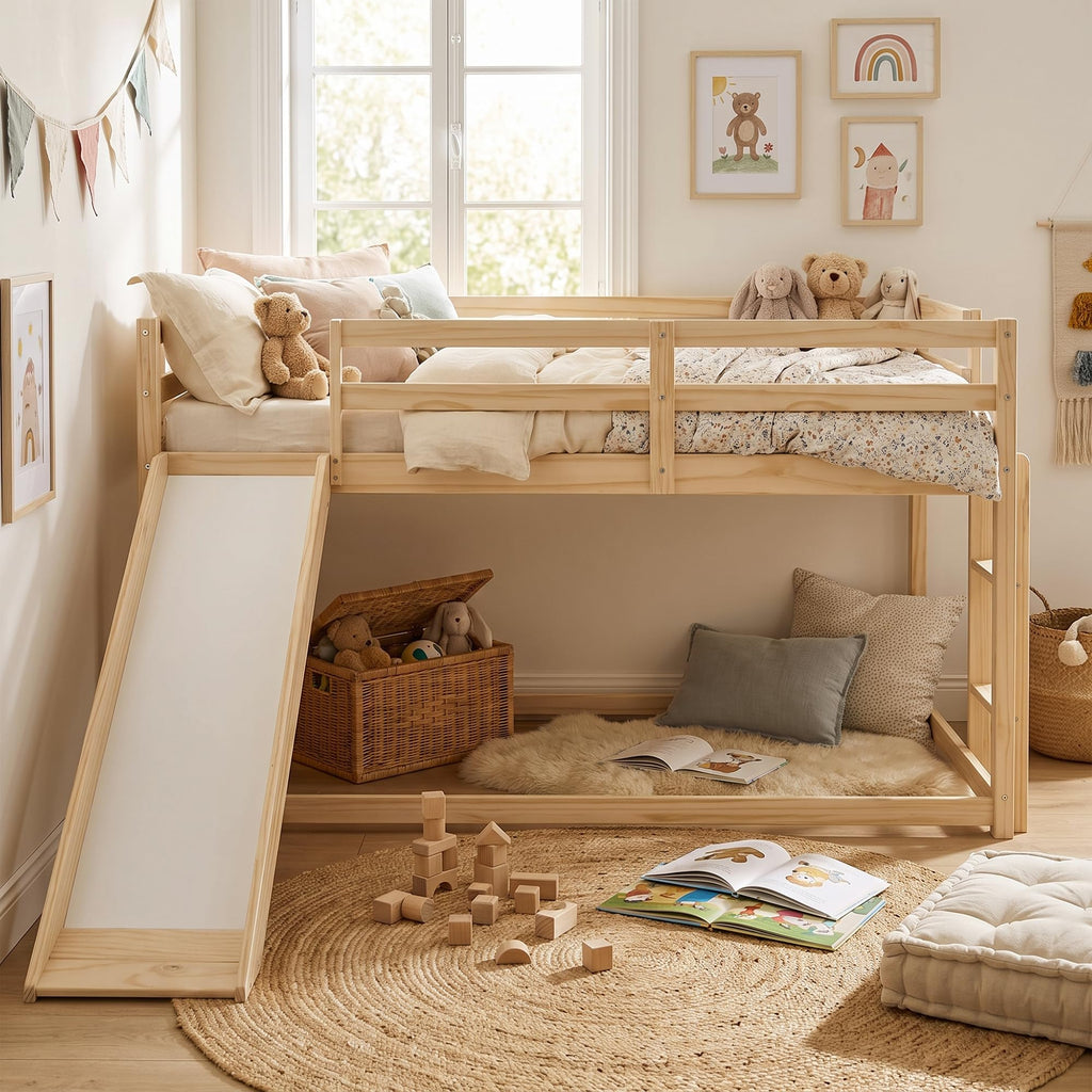 Twin Over Twin Solid Wood Bunk Bed with Slide and Ladder Y8273