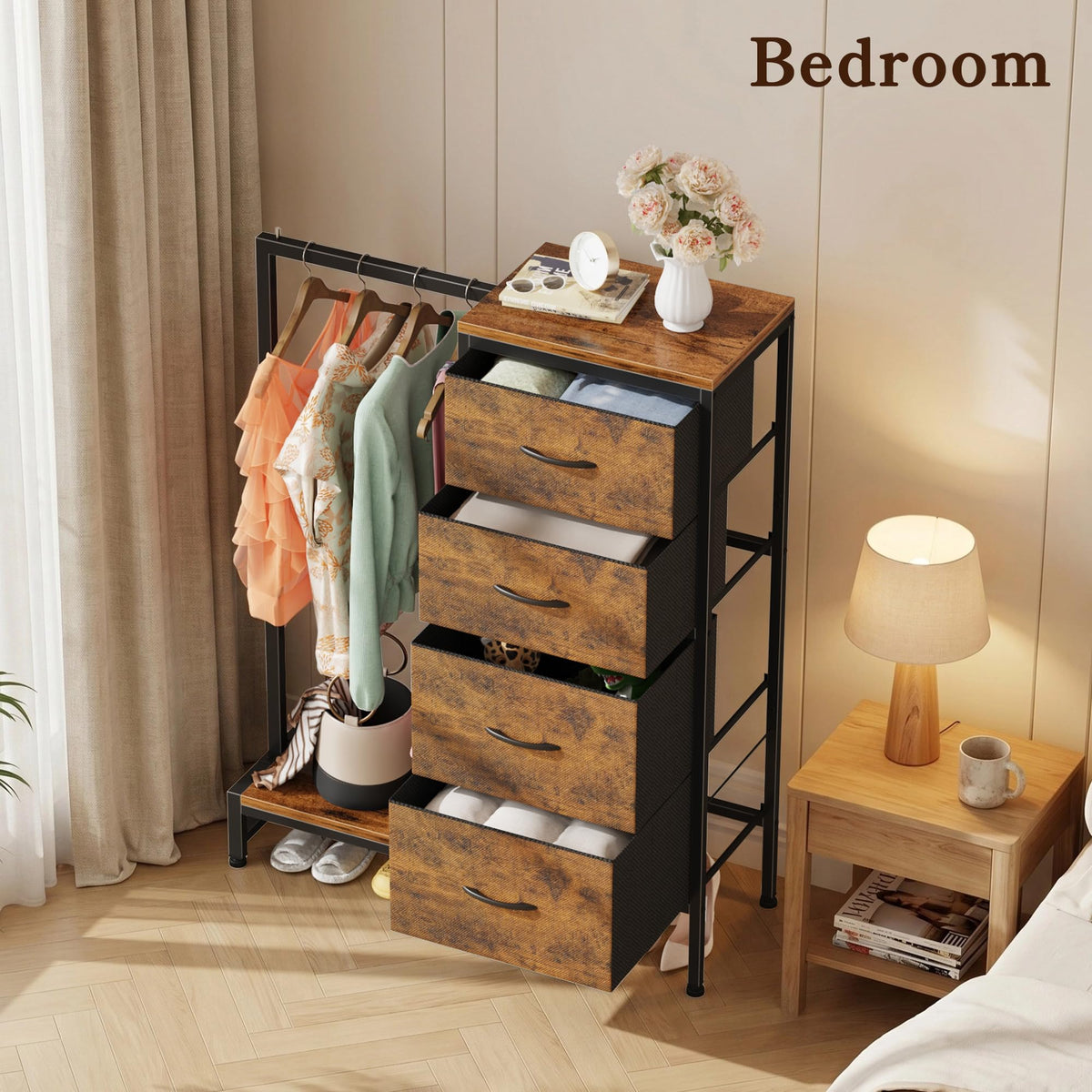 Tall Dresser with Hanging Rack, 4 Drawers O920