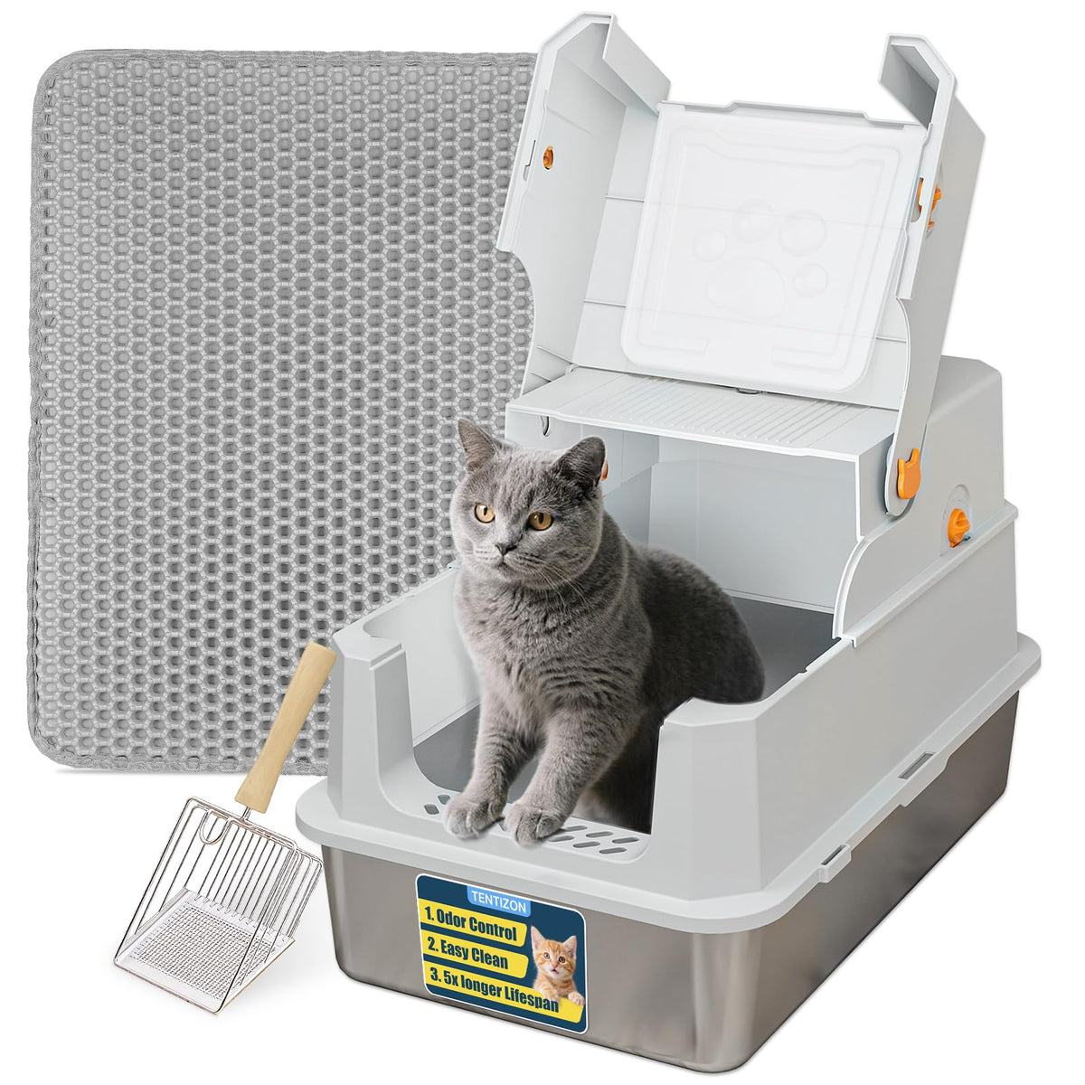 Large Stainless Steel Covered Cat Litter Box with Scoop I9682