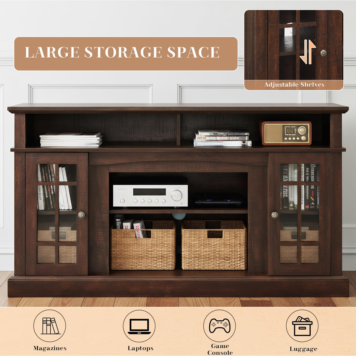 Espresso TV Stand with Glass Door and Open Shelves G85905