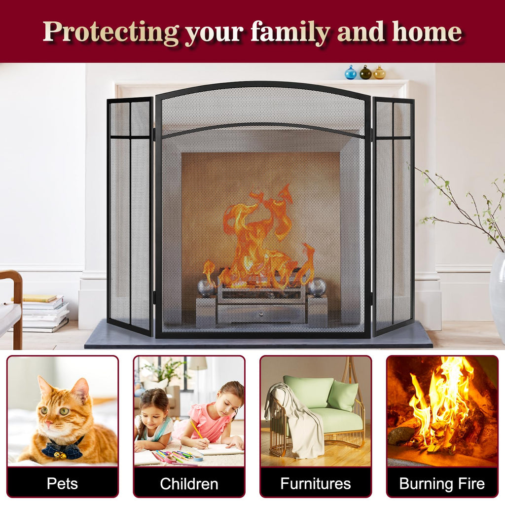 Black 3 Panel Steel Mesh Fireplace Screen H890