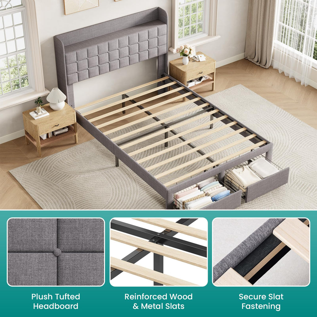 Full Upholstered Platform Bed Frame with Storage Drawers Y247700