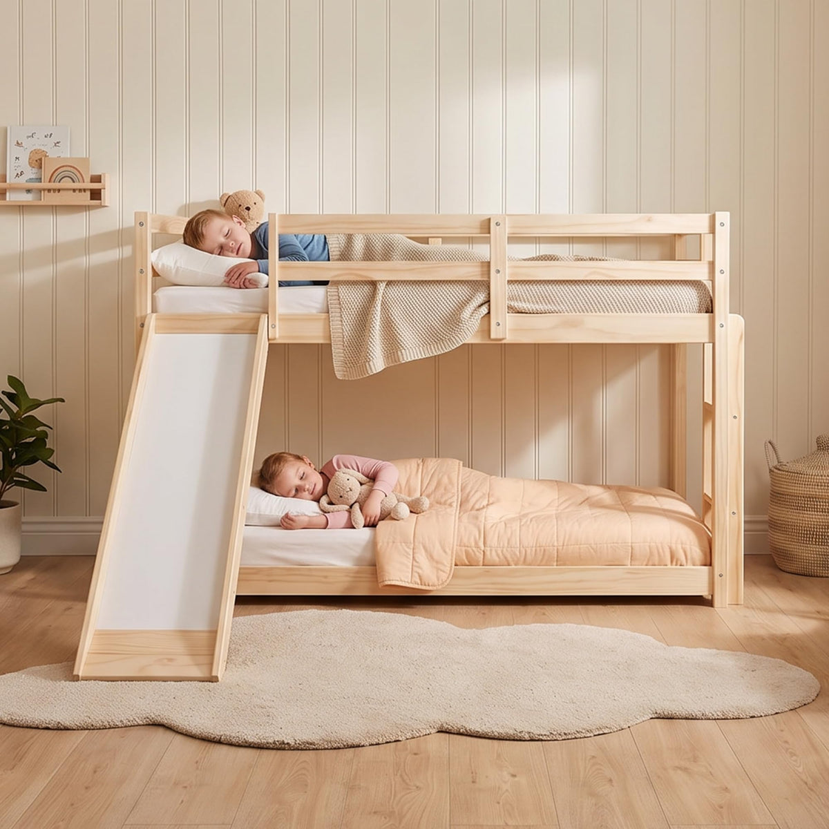 Twin Over Twin Solid Wood Bunk Bed with Slide and Ladder Y8273