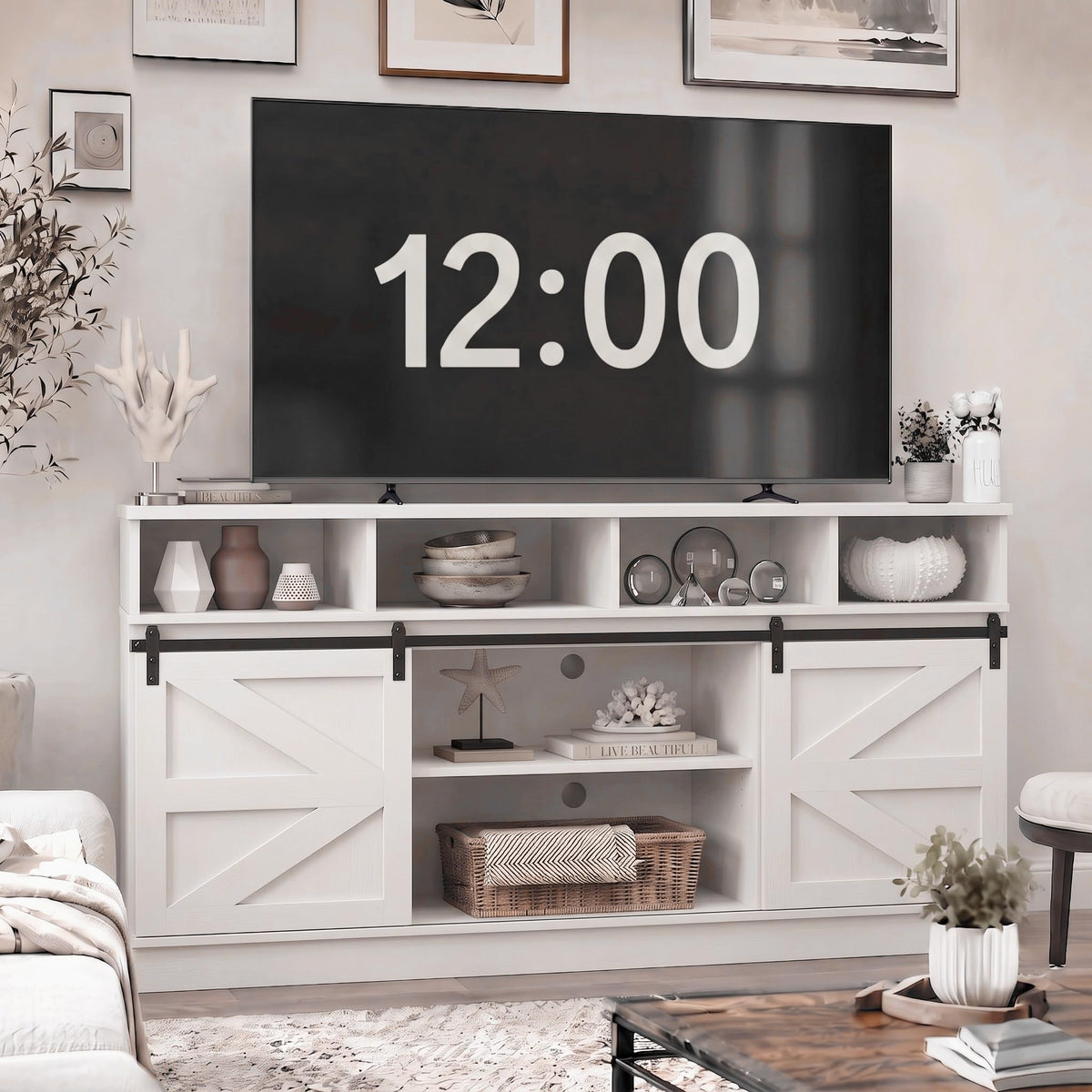 White 58" Farmhouse TV Stand with Sliding Barn Doors Q11648