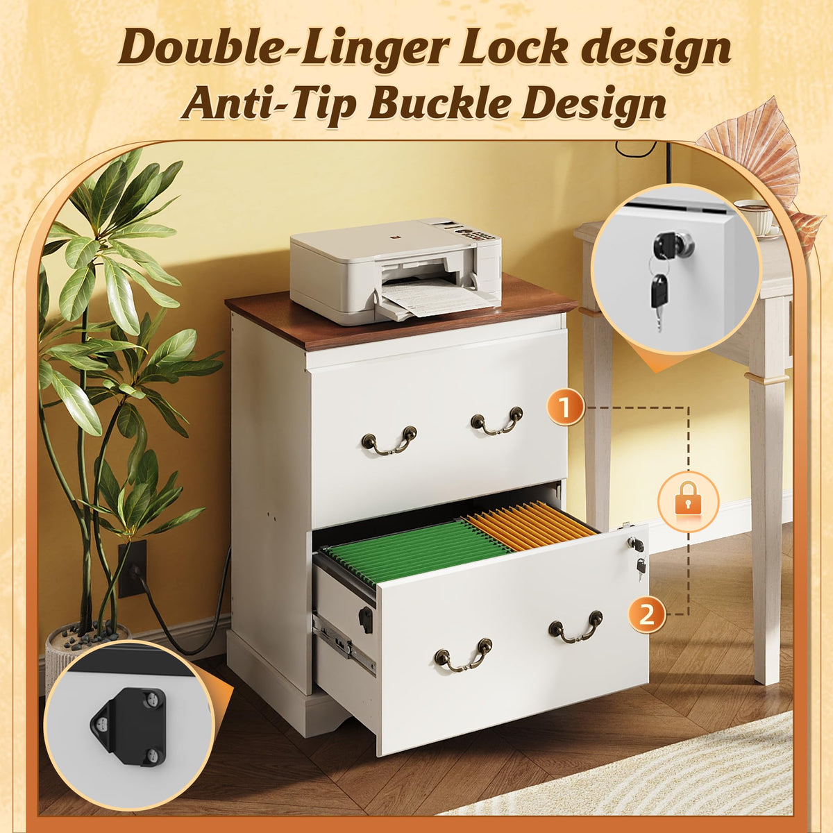 White 2 Drawer Wood File Cabinet with Charging Station and Lock B2463