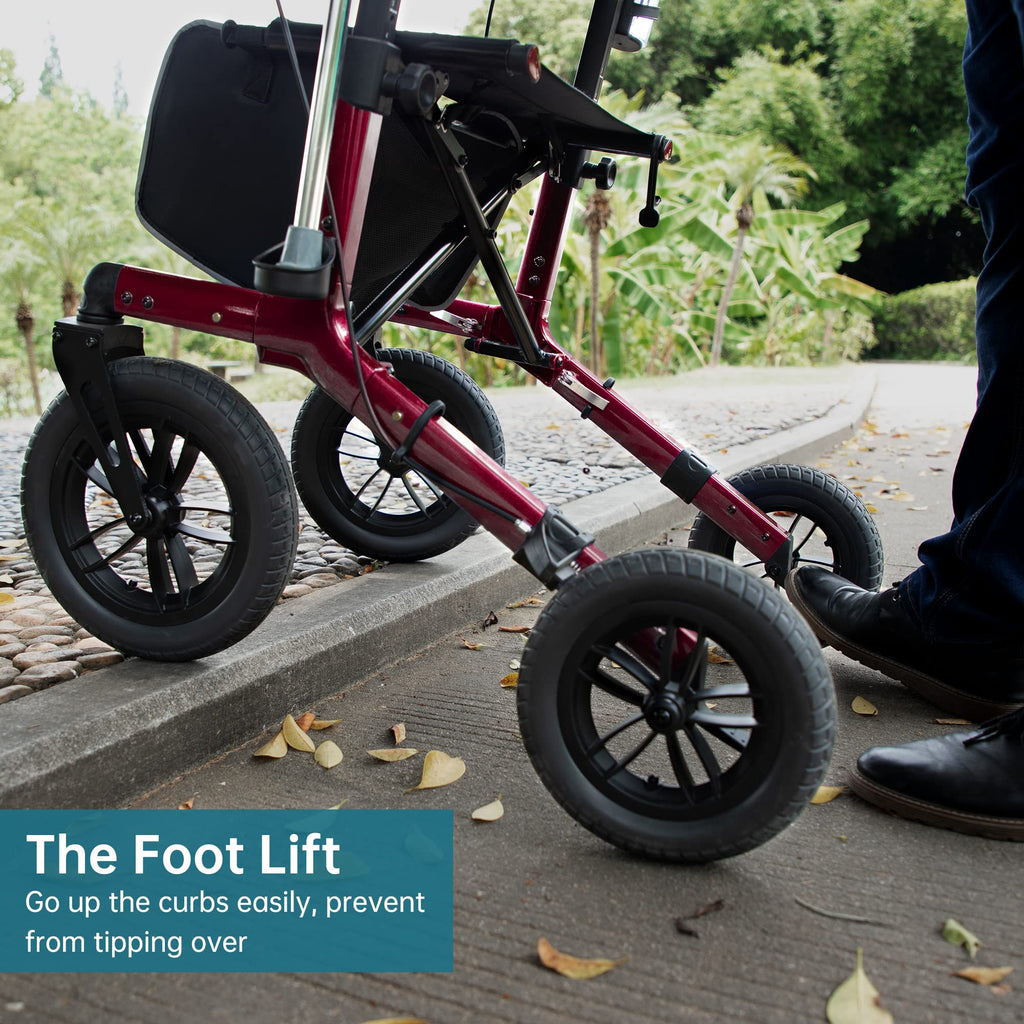 All-Terrain Rollator Walker with 12” Front Wheels, Compact Folding, Red T649
