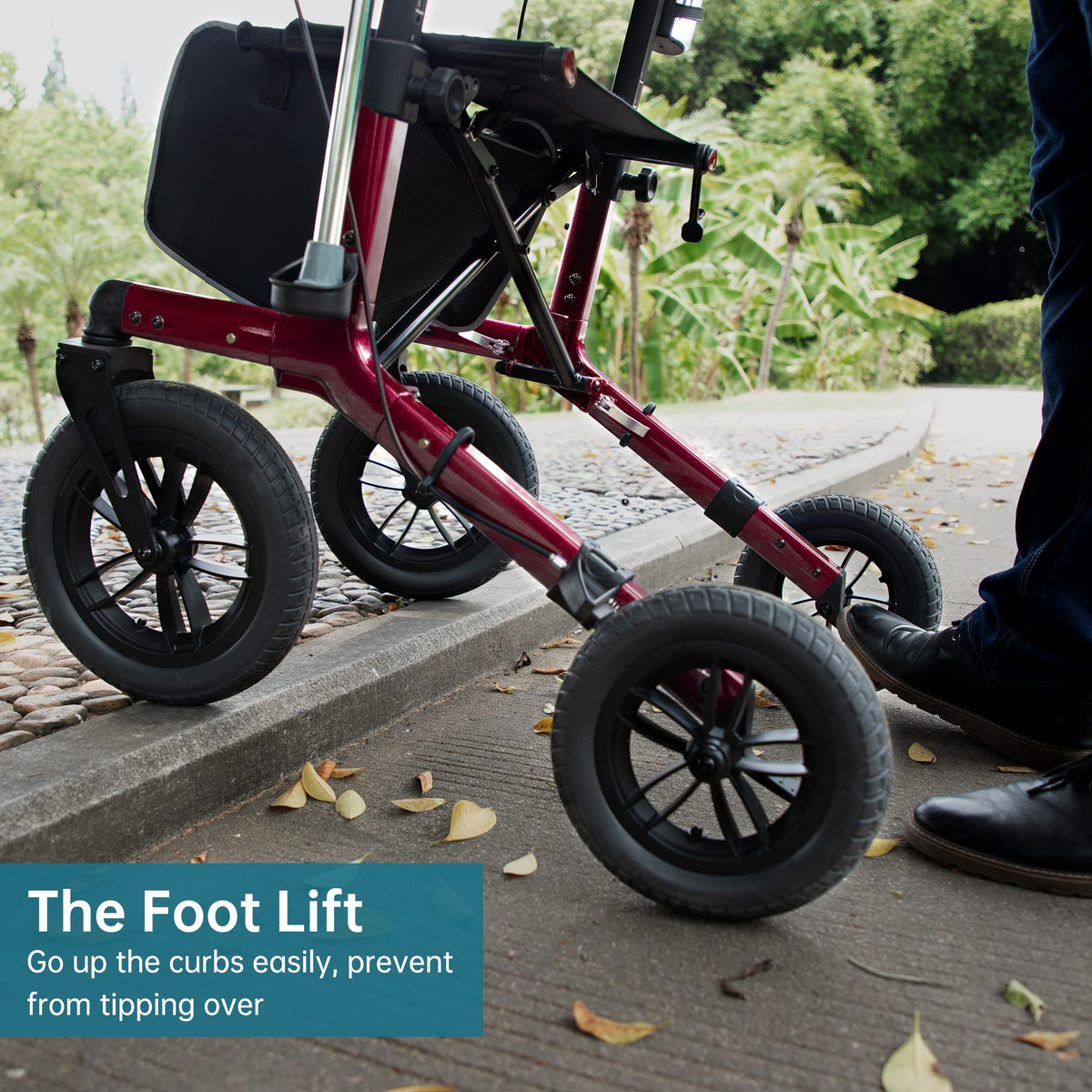 All-Terrain Rollator Walker with 12” Front Wheels, Compact Folding, Red T649