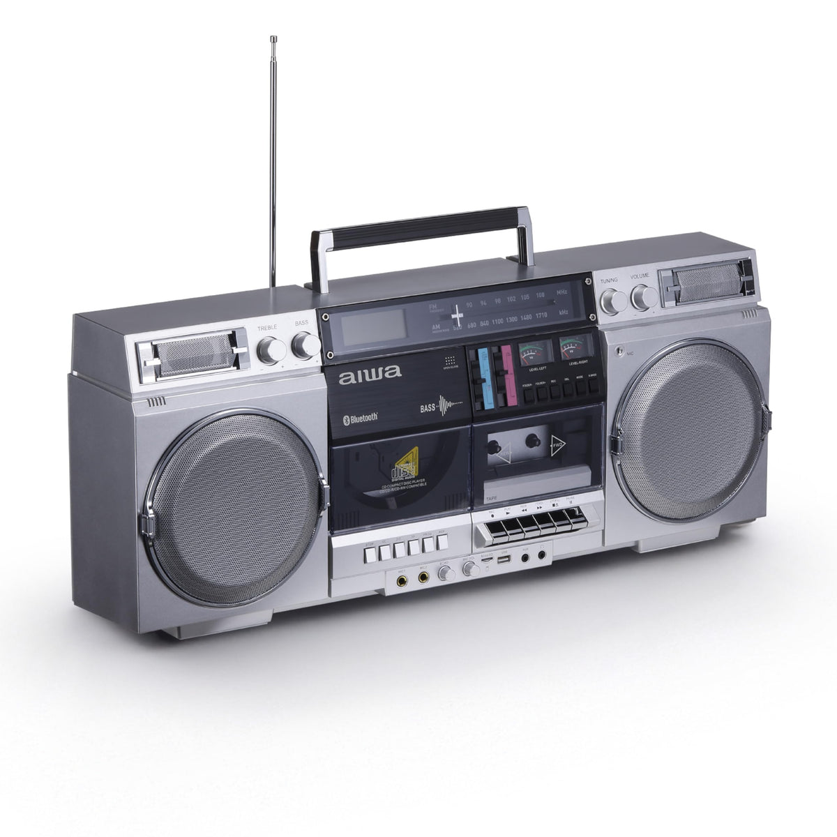 Retro Boombox CD Player with Cassette Recording, Bluetooth, FM/AM Radio, USB/SD/AUX Inputs, Dual 40W Speakers A5756