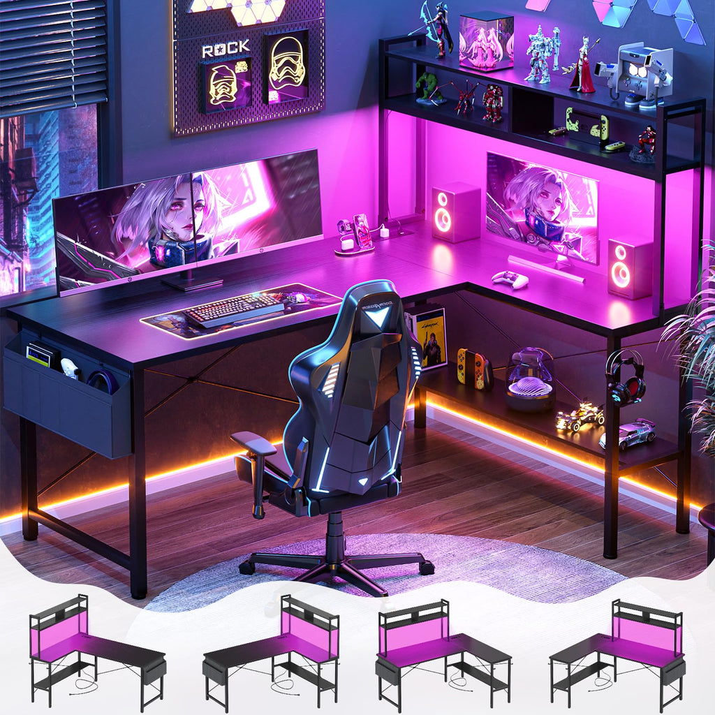 59" L Shaped Desk with LED Light & Power Outlet L493785