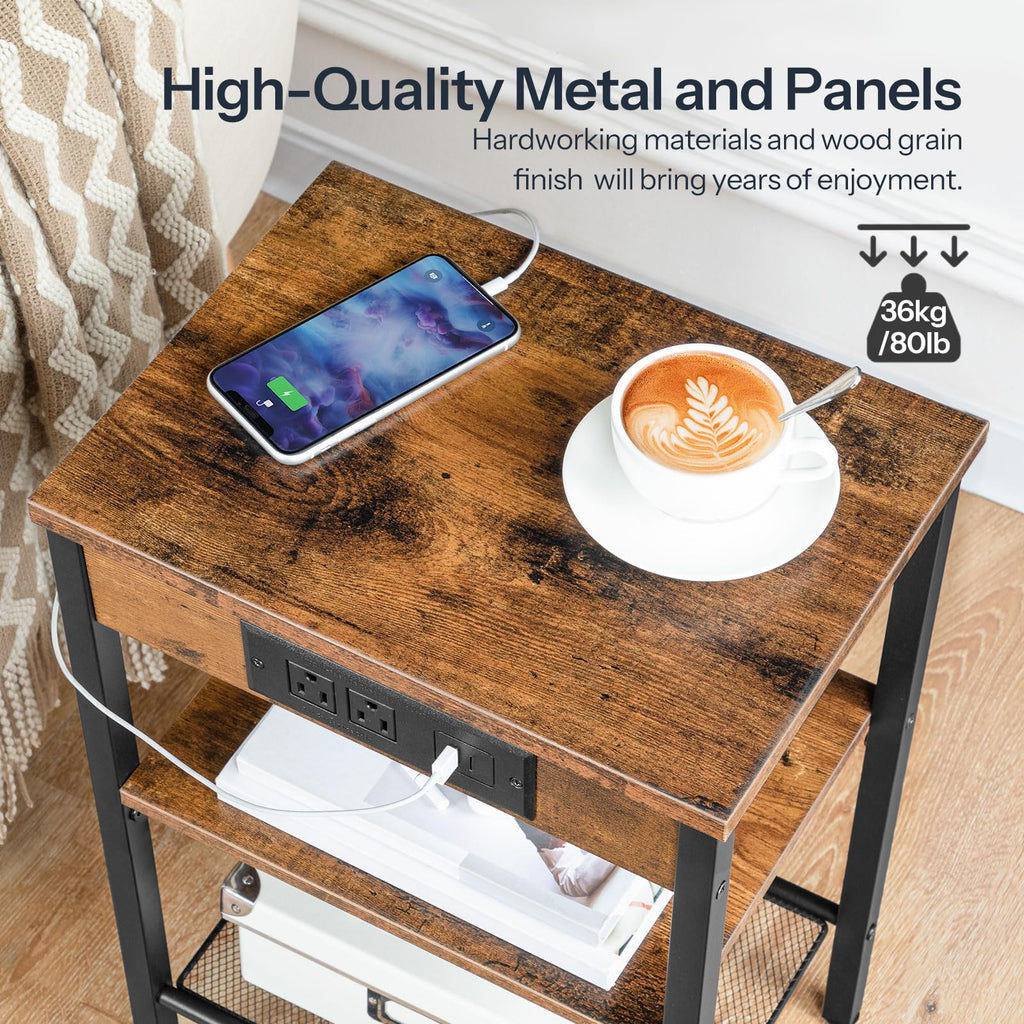 Side Table with Charging Station and USB Port, 3-Tier Nightstand with Adjustable Shelf, Rustic Brown V79002