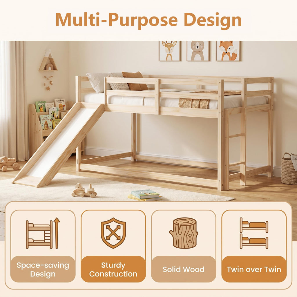 Twin Over Twin Solid Wood Bunk Bed with Slide and Ladder Y8273