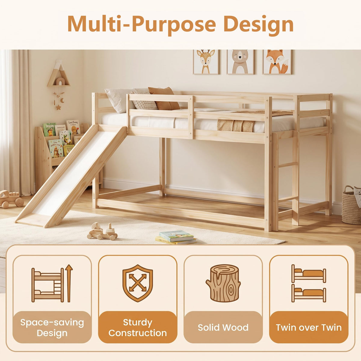 Twin Over Twin Solid Wood Bunk Bed with Slide and Ladder Y8273