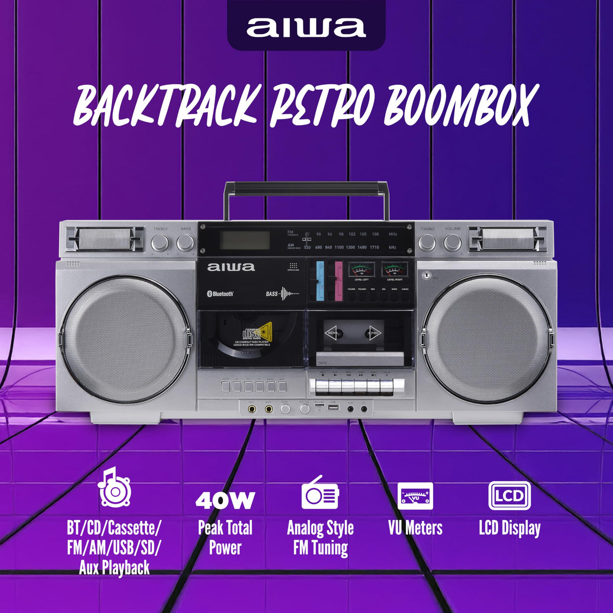 Retro Boombox CD Player with Cassette Recording, Bluetooth, FM/AM Radio, USB/SD/AUX Inputs, Dual 40W Speakers A5756