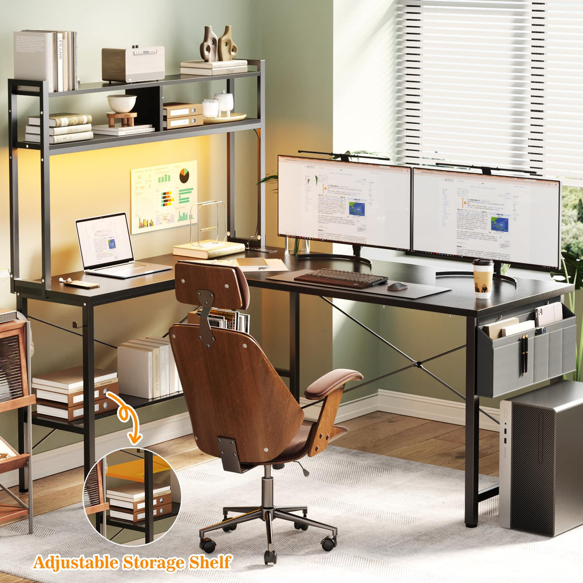 59" L Shaped Desk with LED Light & Power Outlet L493785