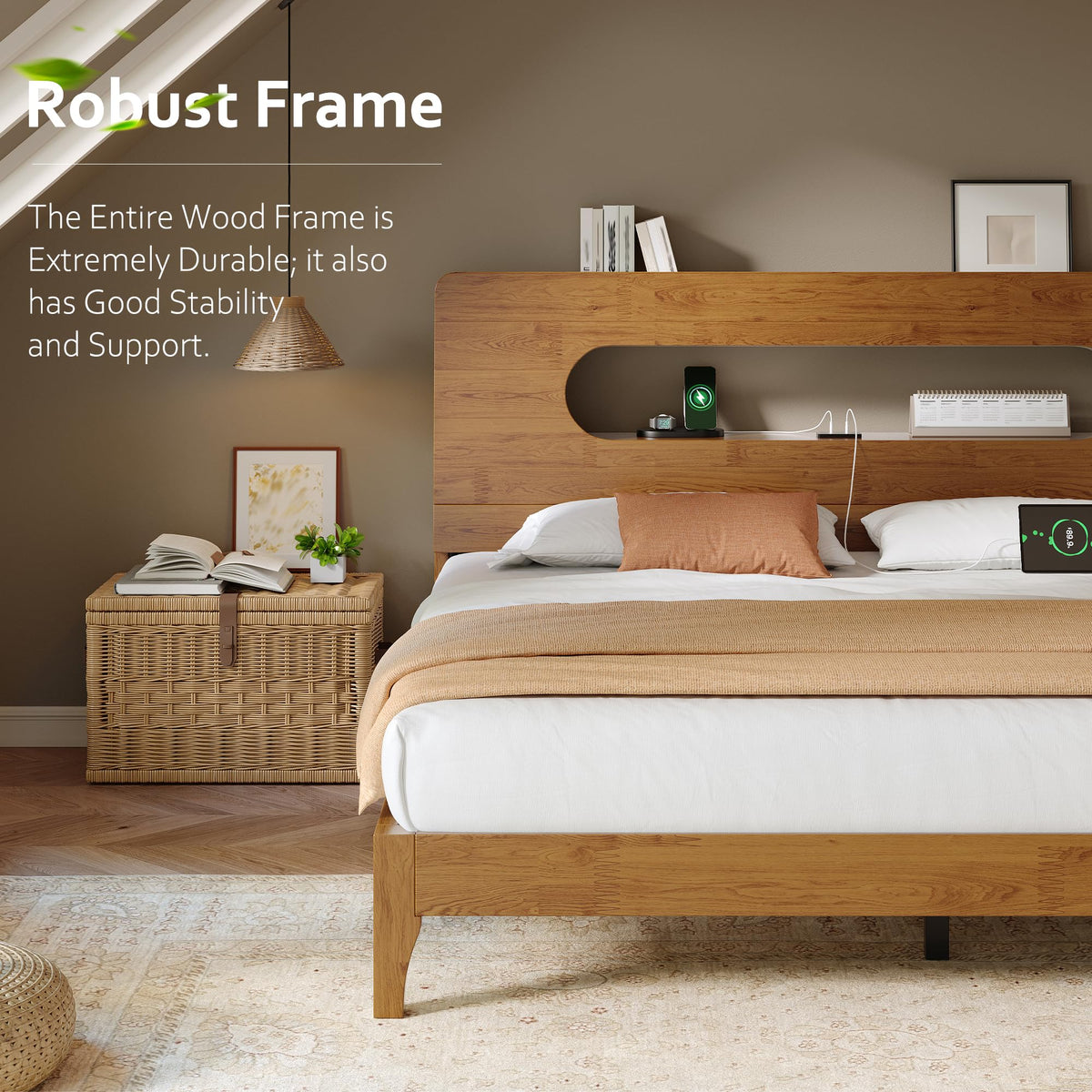 Queen Size Solid Wood Bed Frame with Storage Headboard, Brown H478
