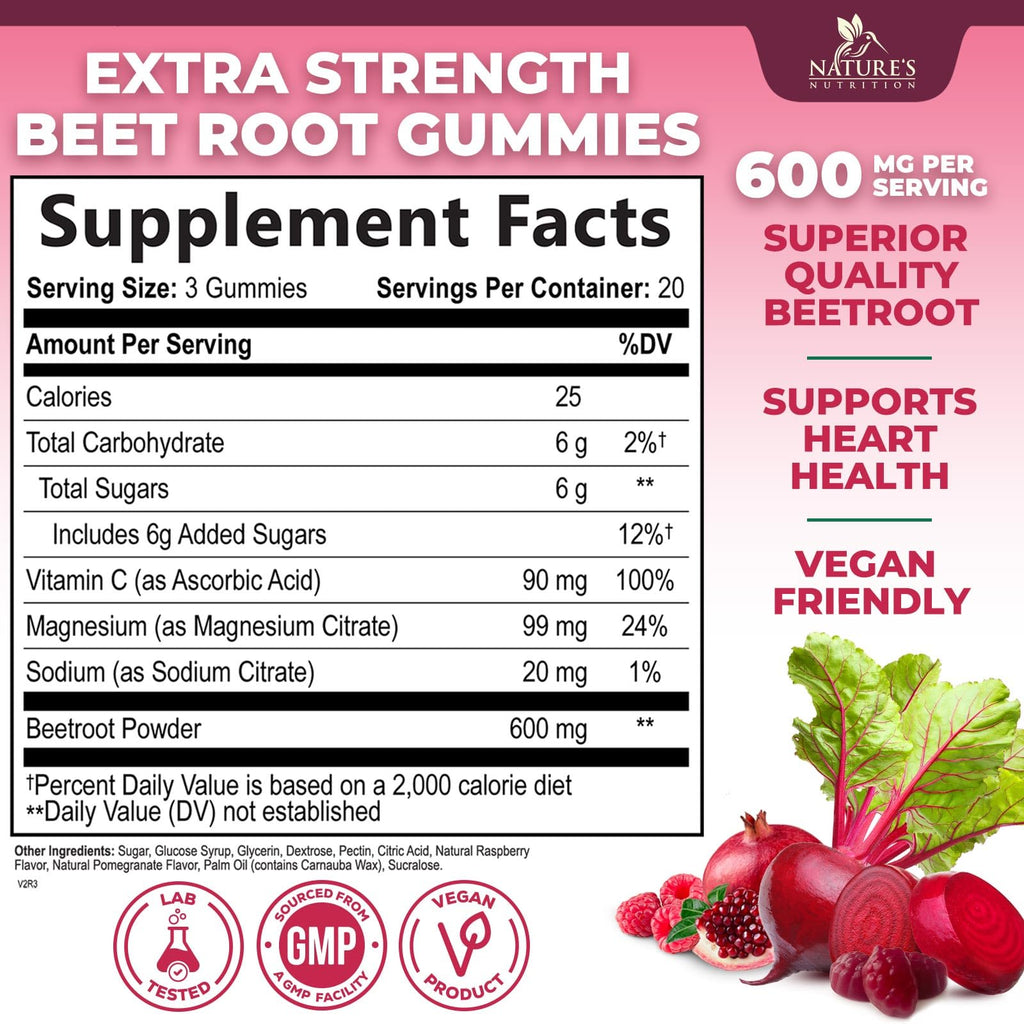 Beet Root Gummies with Beetroot Powder & Vitamin C, Berry Flavored, 60 Gummies X71506