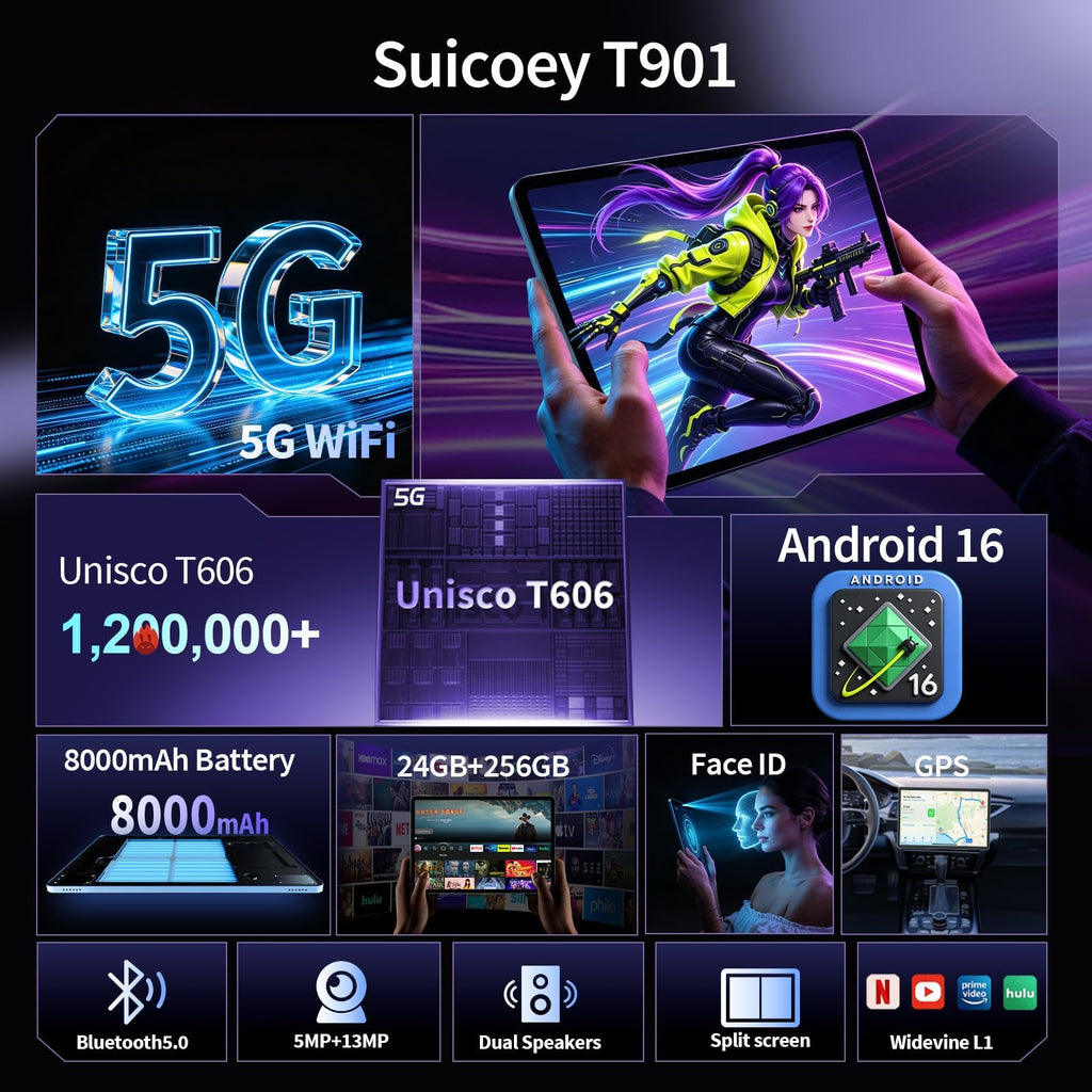 Android 16 Tablet 10 inch 32GB 256GB 2TB Expand Black S7634