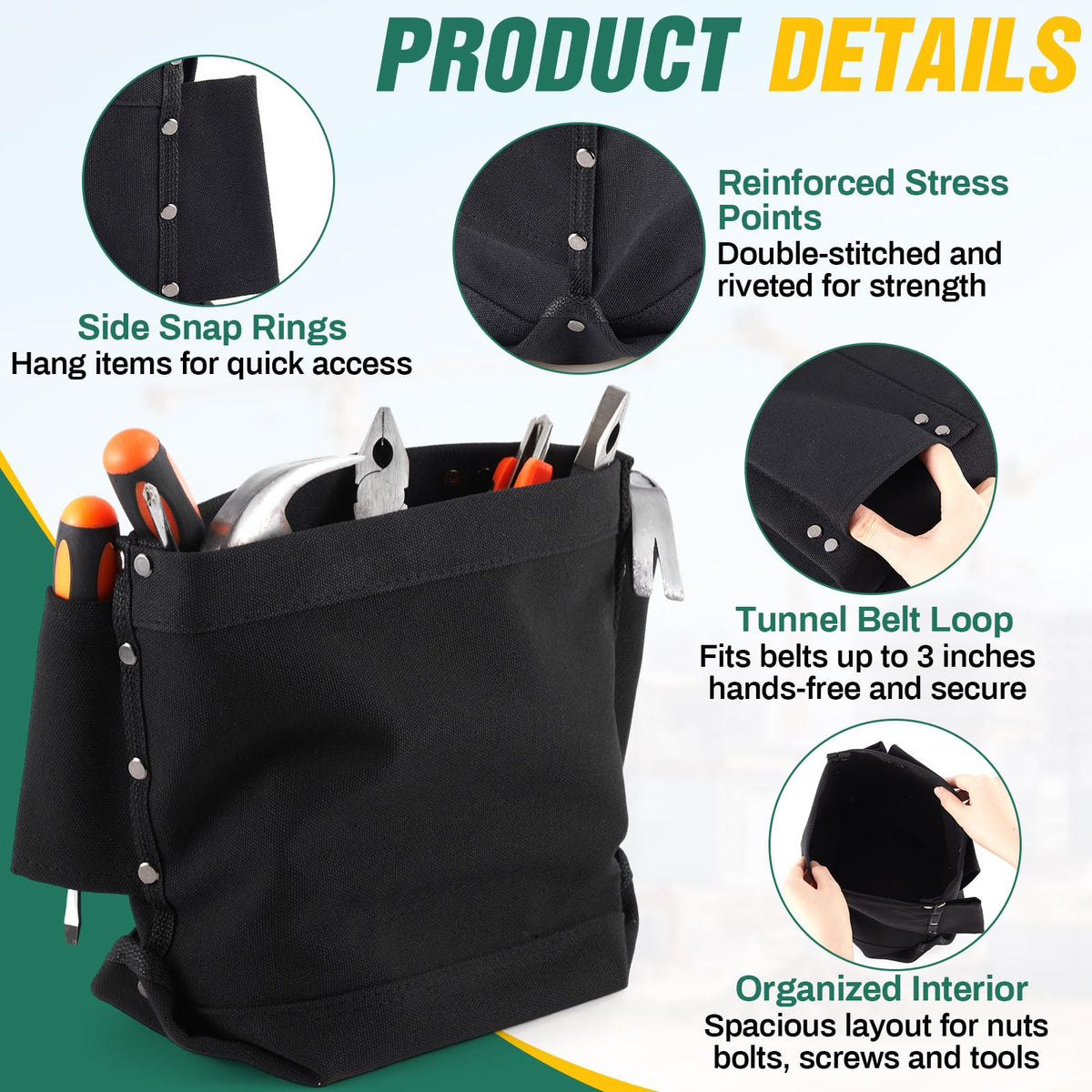 Tool Bag with Bull Pin Loops & Tunnel Connection, 5" x 10" x 9" Y558608